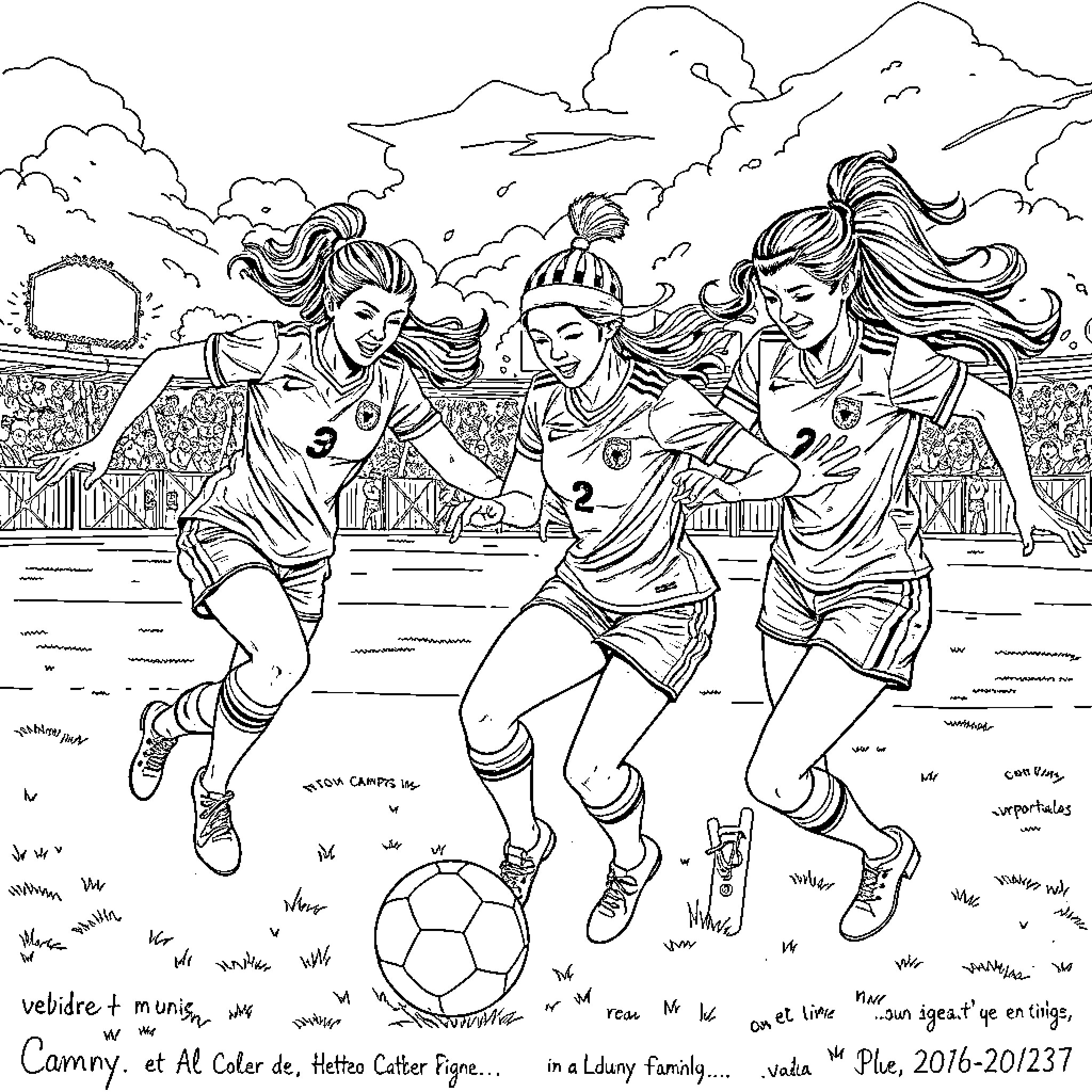Warrior Women Soccer Players in Action Coloring Page (free black-and-white line drawing printable PDF for all, from beginners to advanced learners, including children, teens, adults, and seniors)