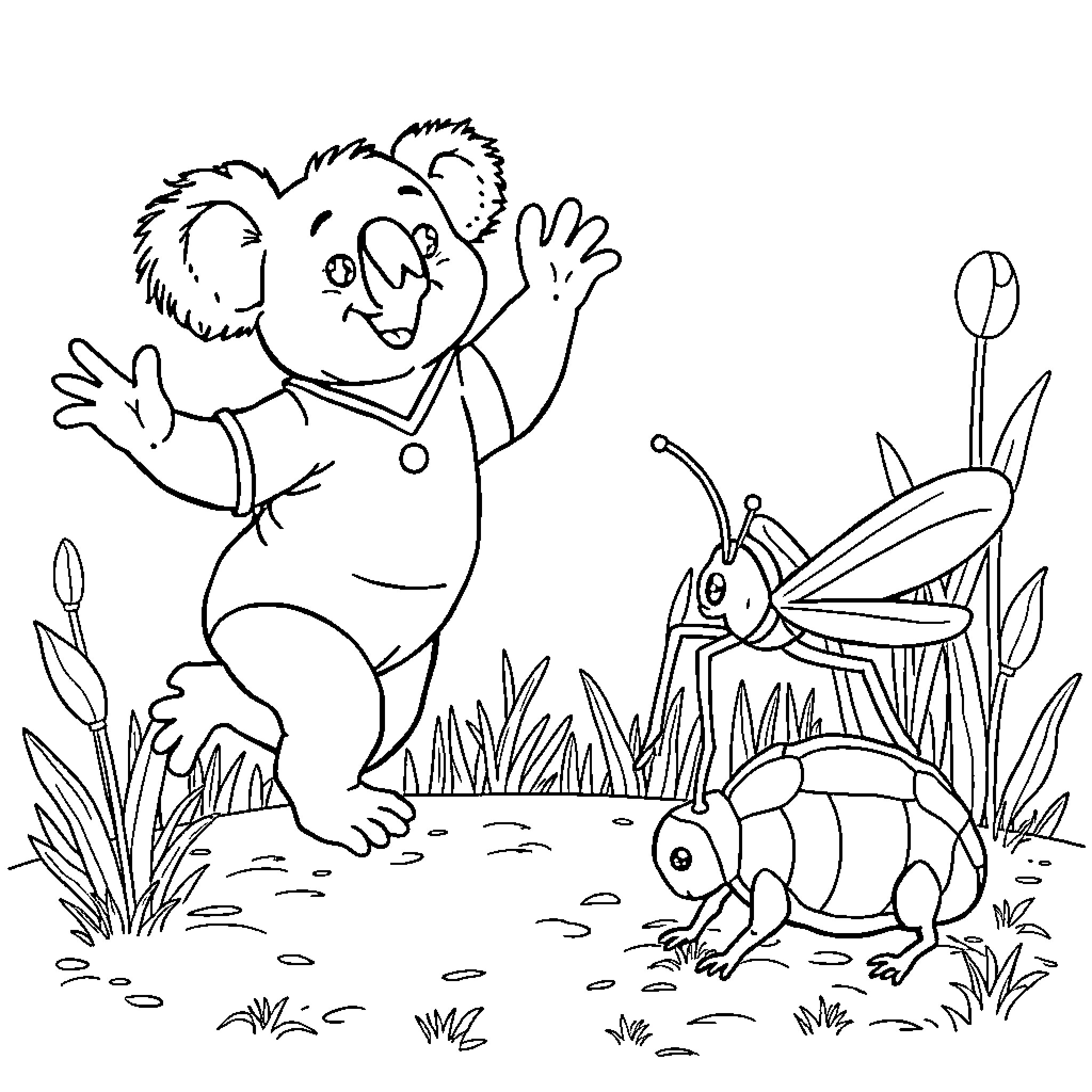 Koala waving happily at small insects in nature Coloring Page (free black-and-white line drawing printable PDF for all, from beginners to advanced learners, including children, teens, adults, and seniors)