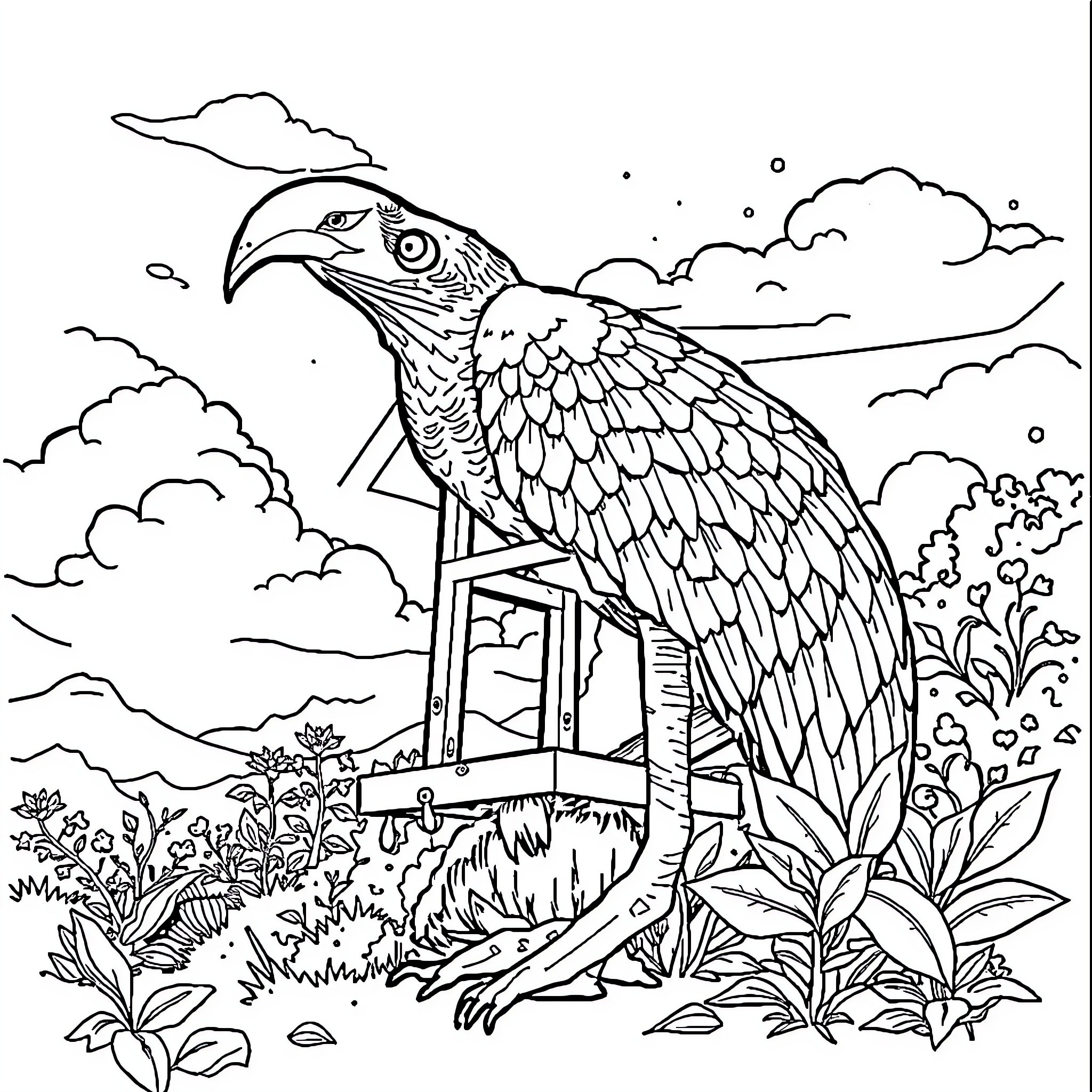 Anything featuring a detailed bird in a natural setting Coloring Page (free black-and-white line drawing printable PDF for all, from beginners to advanced learners, including children, teens, adults, and seniors)