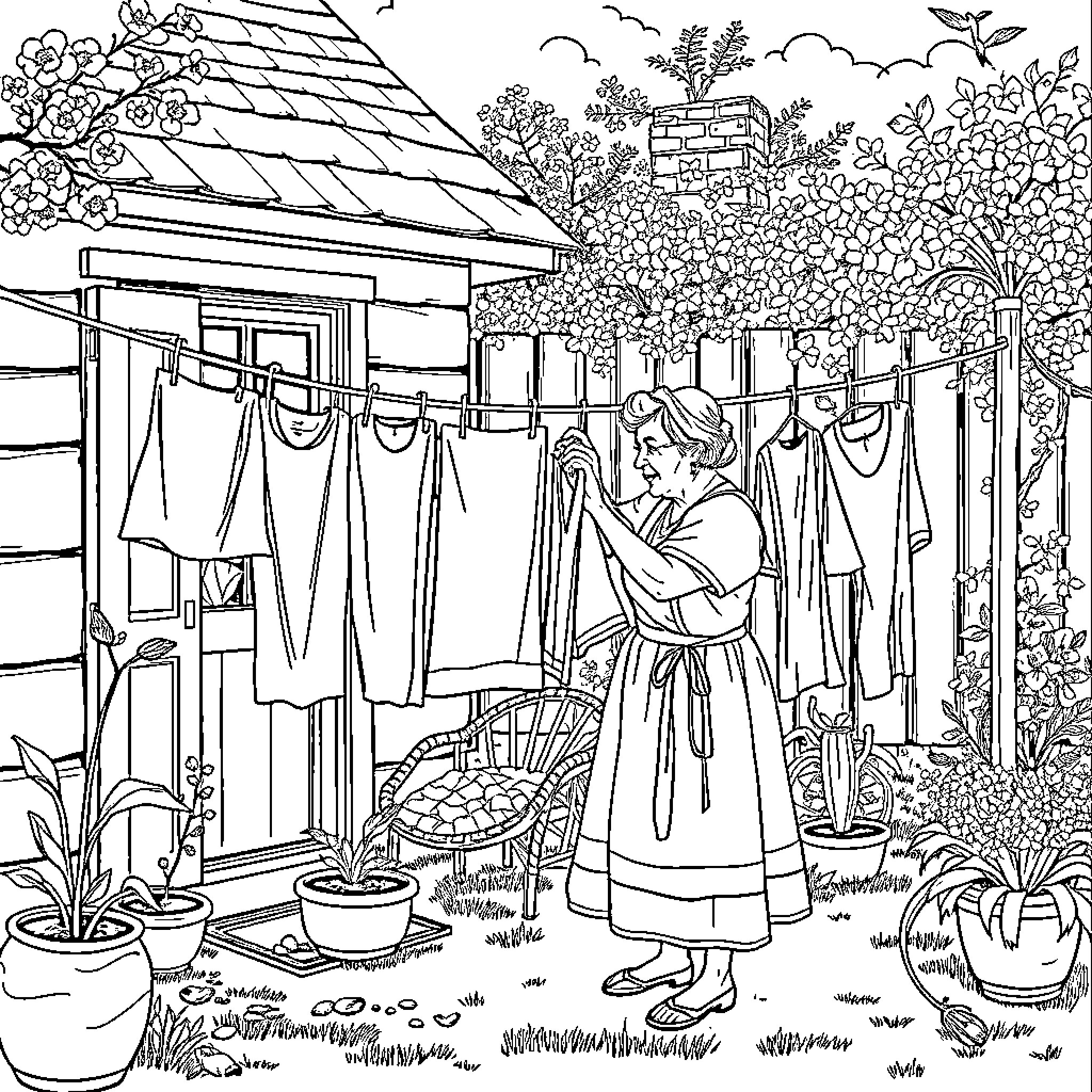 Lady doing laundry in the garden Coloring Page (free black-and-white line drawing printable PDF for all, from beginners to advanced learners, including children, teens, adults, and seniors)