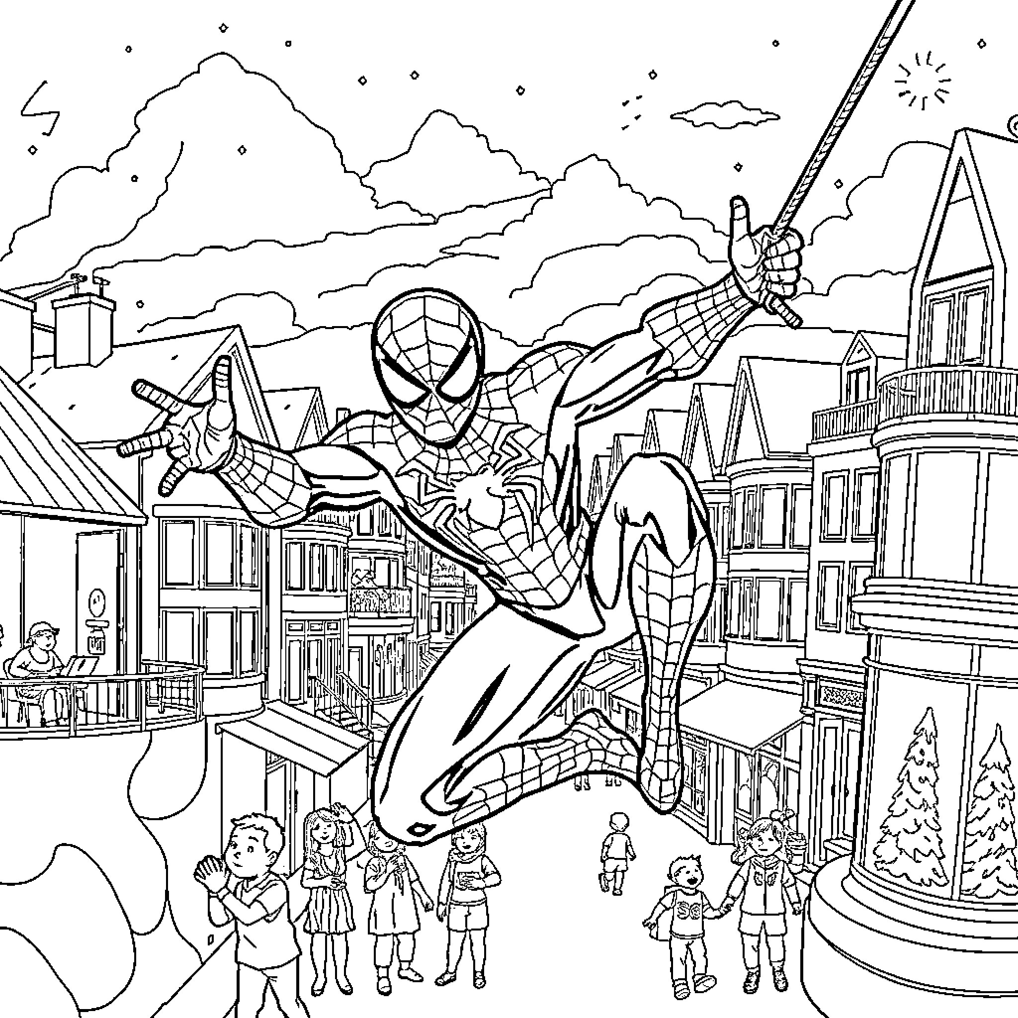 Spiderman swinging through the city with heroic pose Coloring Page (free black-and-white line drawing printable PDF for all, from beginners to advanced learners, including children, teens, adults, and seniors)