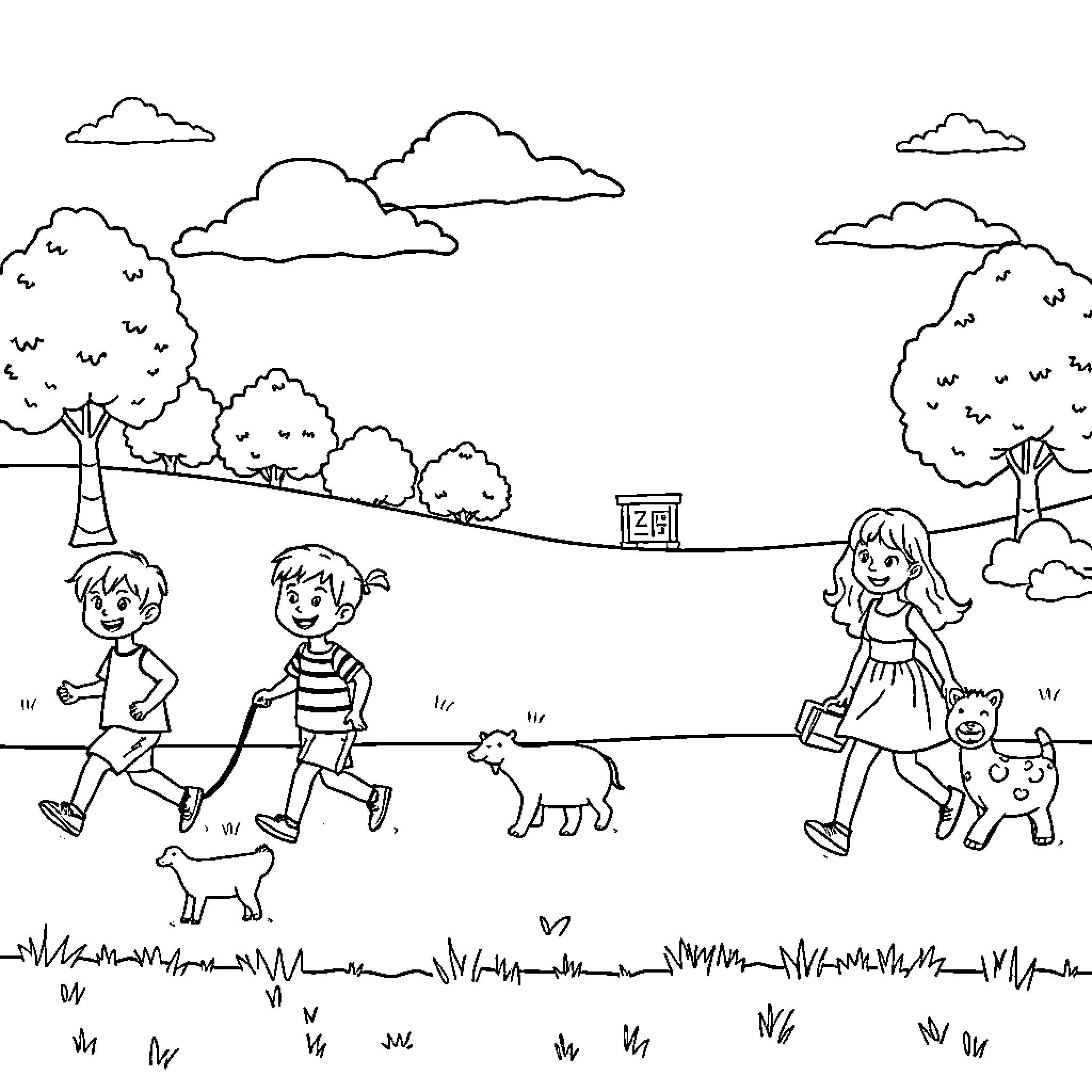 Child play and explore in outdoor nature scene Coloring Page (free black-and-white line drawing printable PDF for all, from beginners to advanced learners, including children, teens, adults, and seniors)