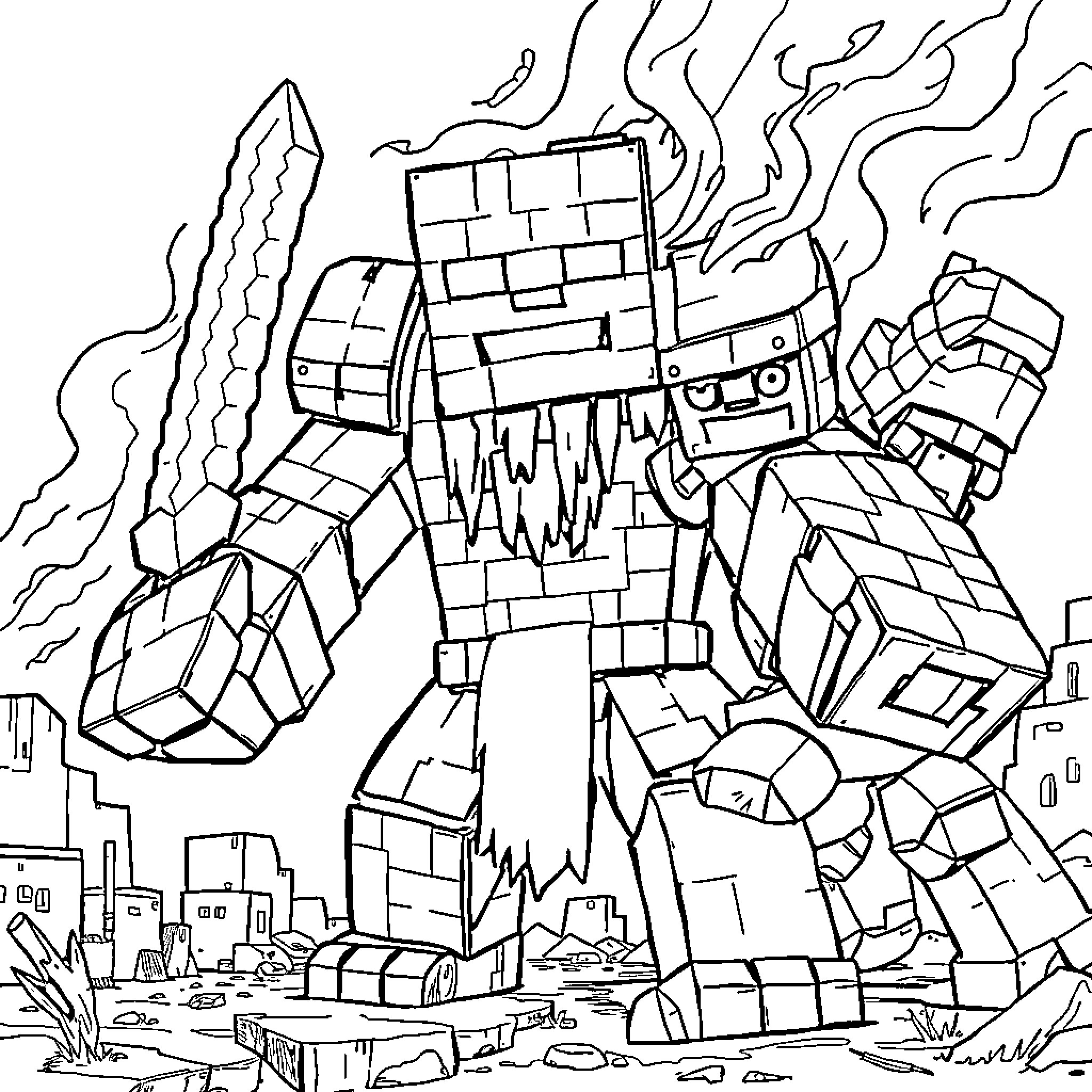 Golem Unleashing Destruction in Urban Landscape Coloring Page (free black-and-white line drawing printable PDF for all, from beginners to advanced learners, including children, teens, adults, and seniors)