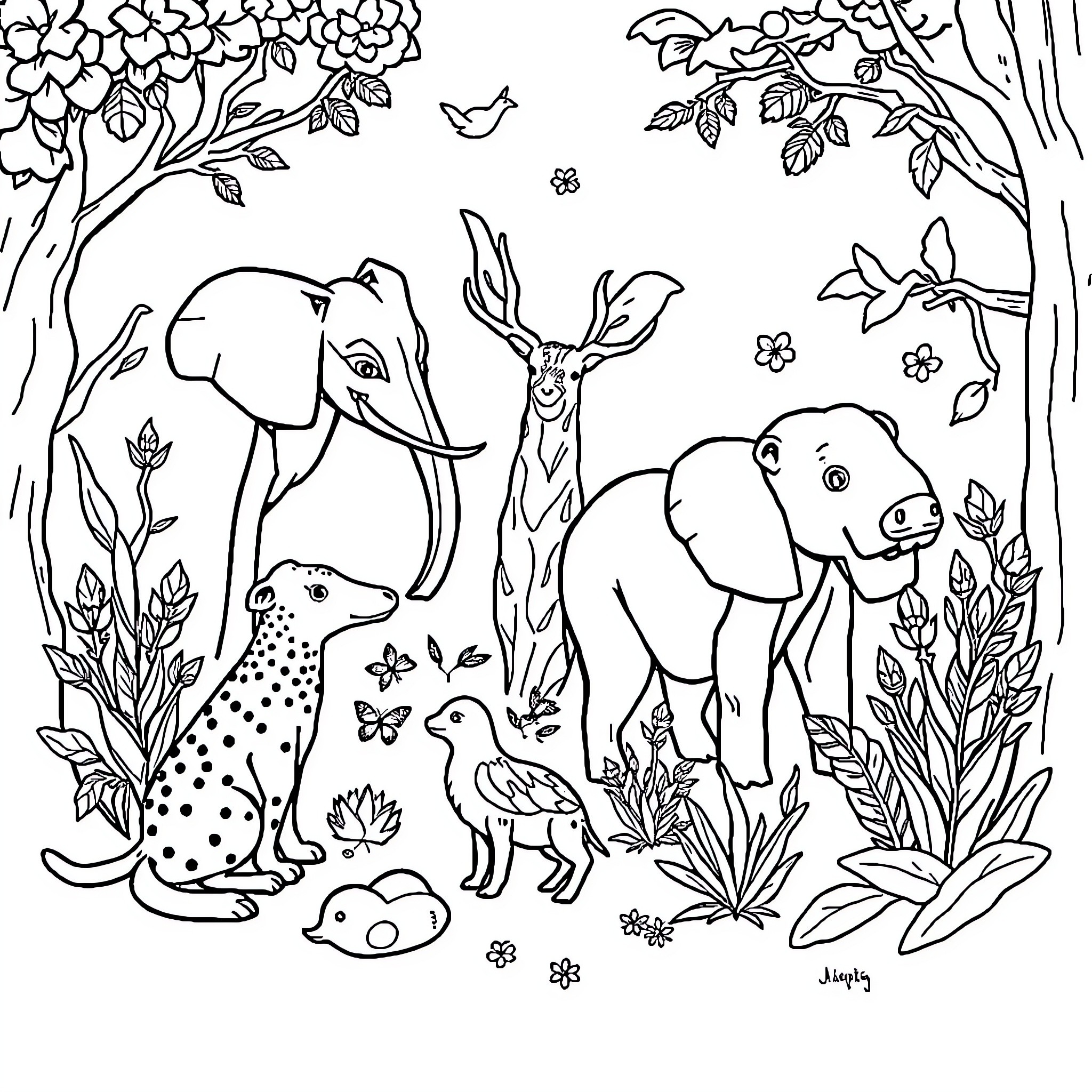 Animal Gathering in Lush Forest Habitat Coloring Page (free black-and-white line drawing printable PDF for all, from beginners to advanced learners, including children, teens, adults, and seniors)