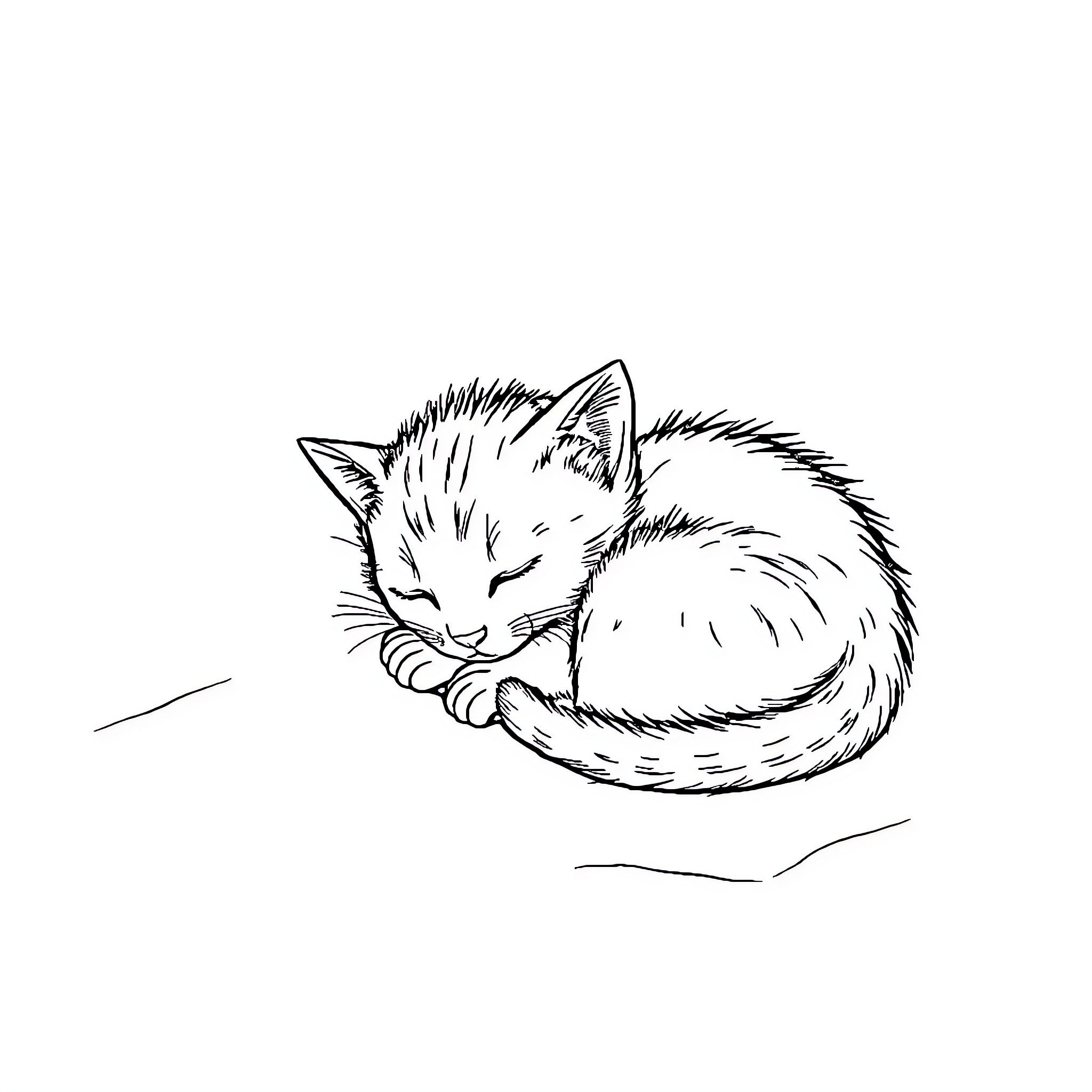 Kitten curled up and sleeping peacefully Coloring Page (free black-and-white line drawing printable PDF for all, from beginners to advanced learners, including children, teens, adults, and seniors)