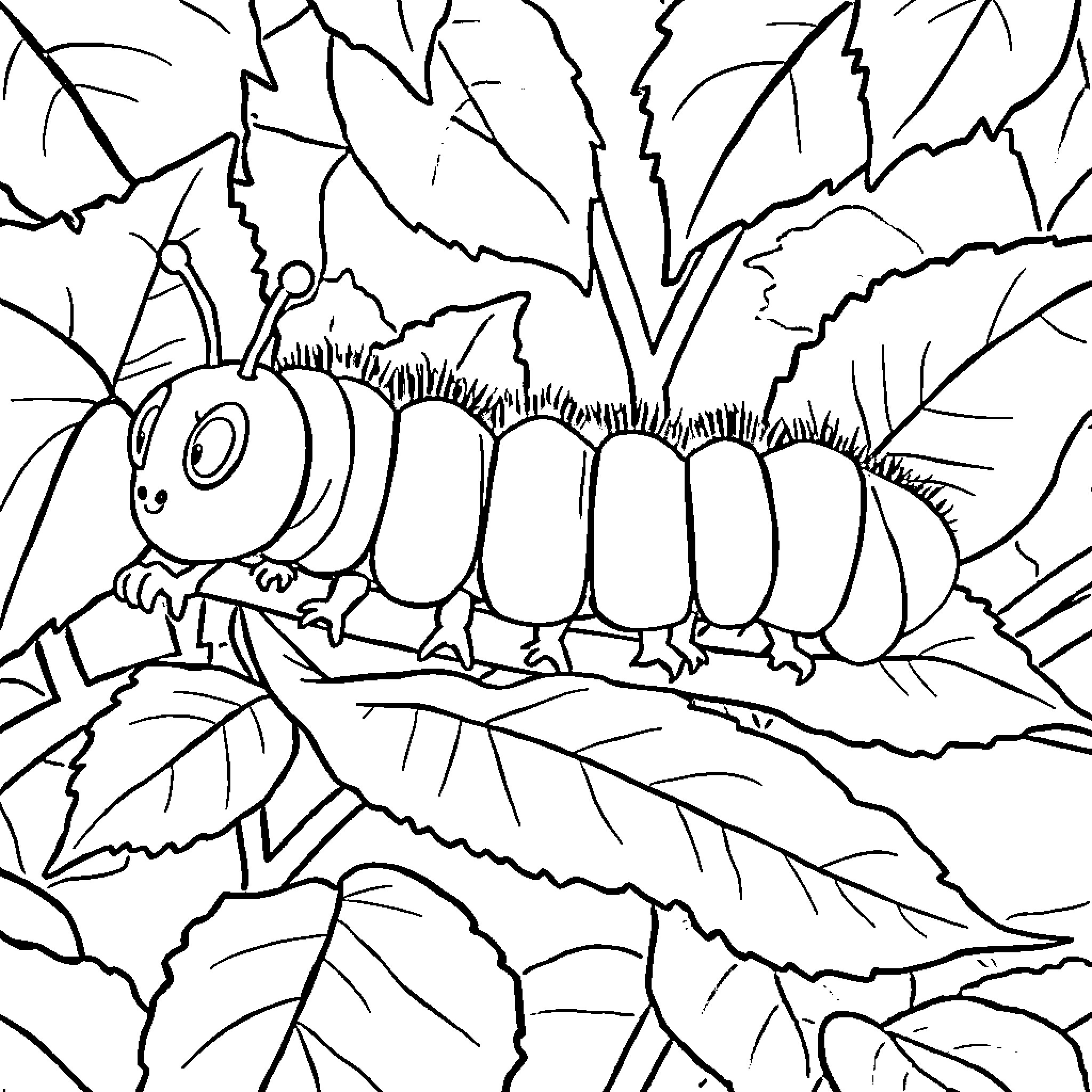 Caterpillar crawling on leaves Coloring Page (free black-and-white line drawing printable PDF for all, from beginners to advanced learners, including children, teens, adults, and seniors)