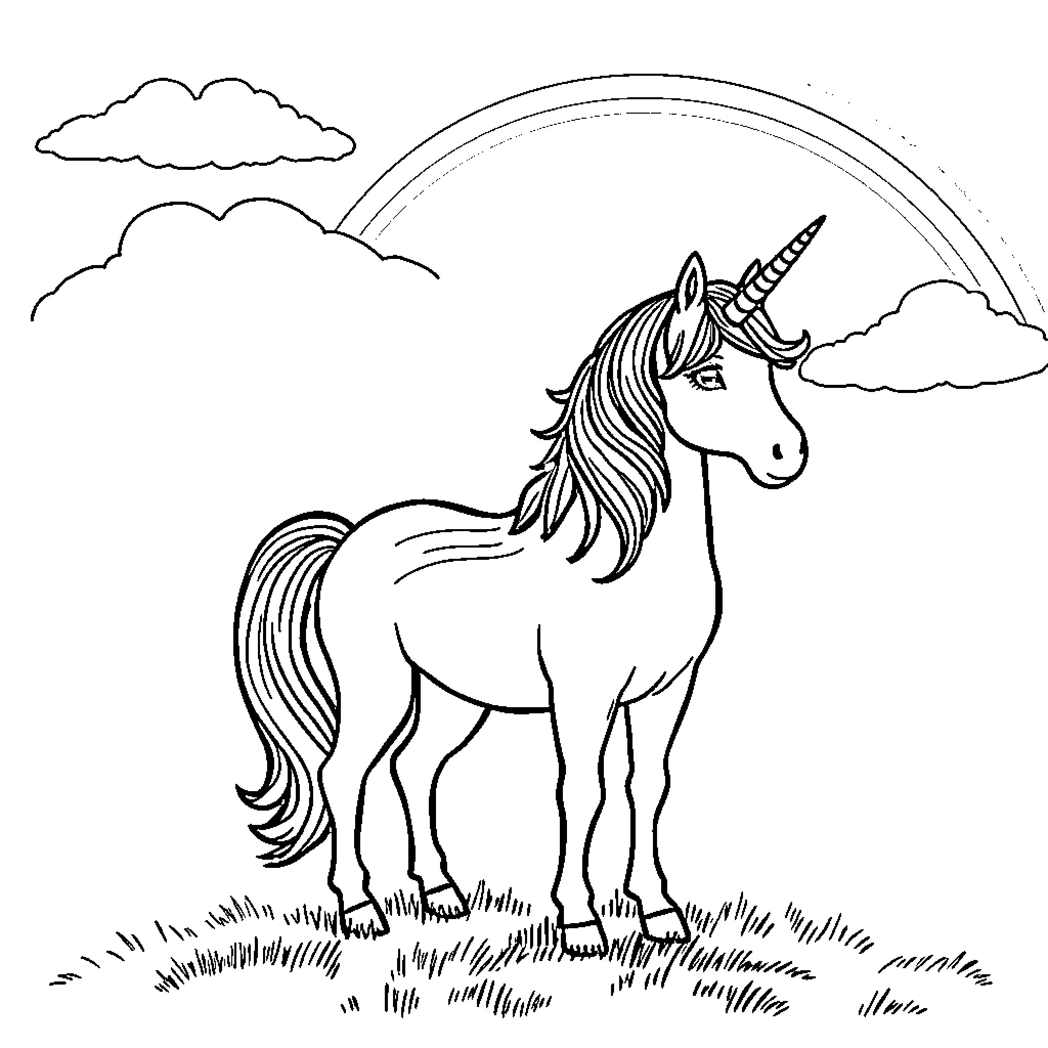 Unicorn standing in a grassy field under a rainbow Coloring Page (free black-and-white line drawing printable PDF for all, from beginners to advanced learners, including children, teens, adults, and seniors)