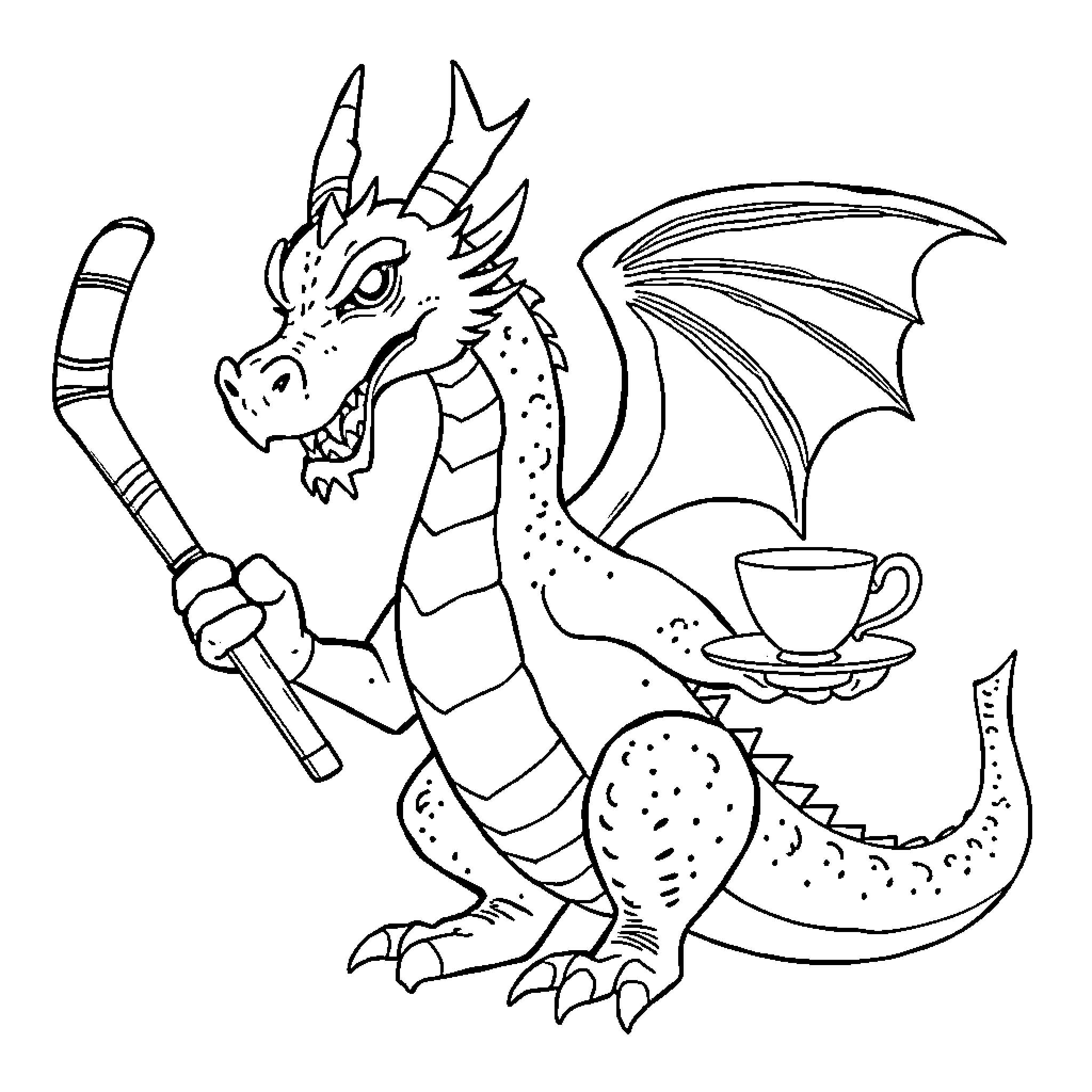 Dragon enjoying a tea break with biscuits Coloring Page (free black-and-white line drawing printable PDF for all, from beginners to advanced learners, including children, teens, adults, and seniors)