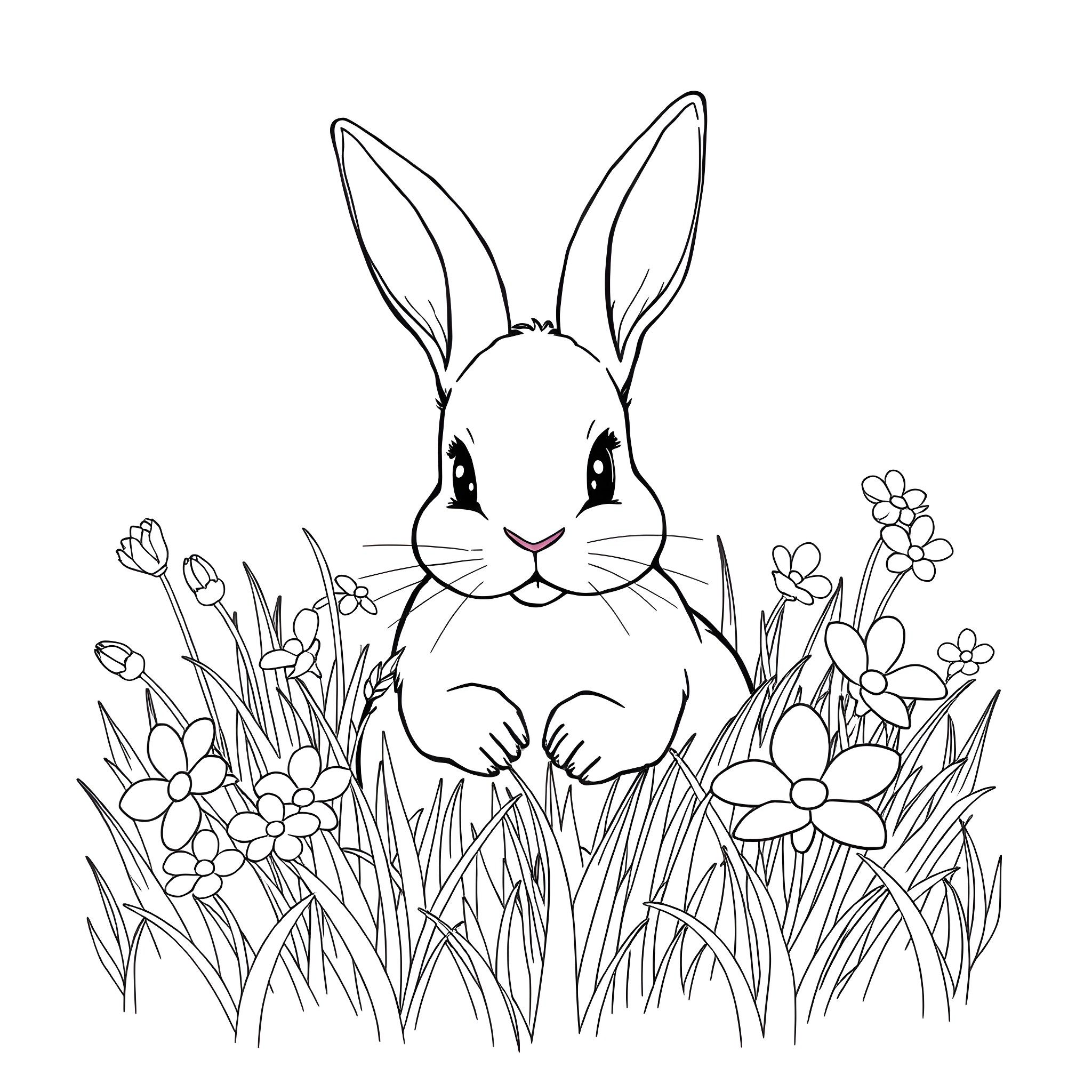 Bunny sitting amidst blooming flowers Coloring Page (free black-and-white line drawing printable PDF for all, from beginners to advanced learners, including children, teens, adults, and seniors)