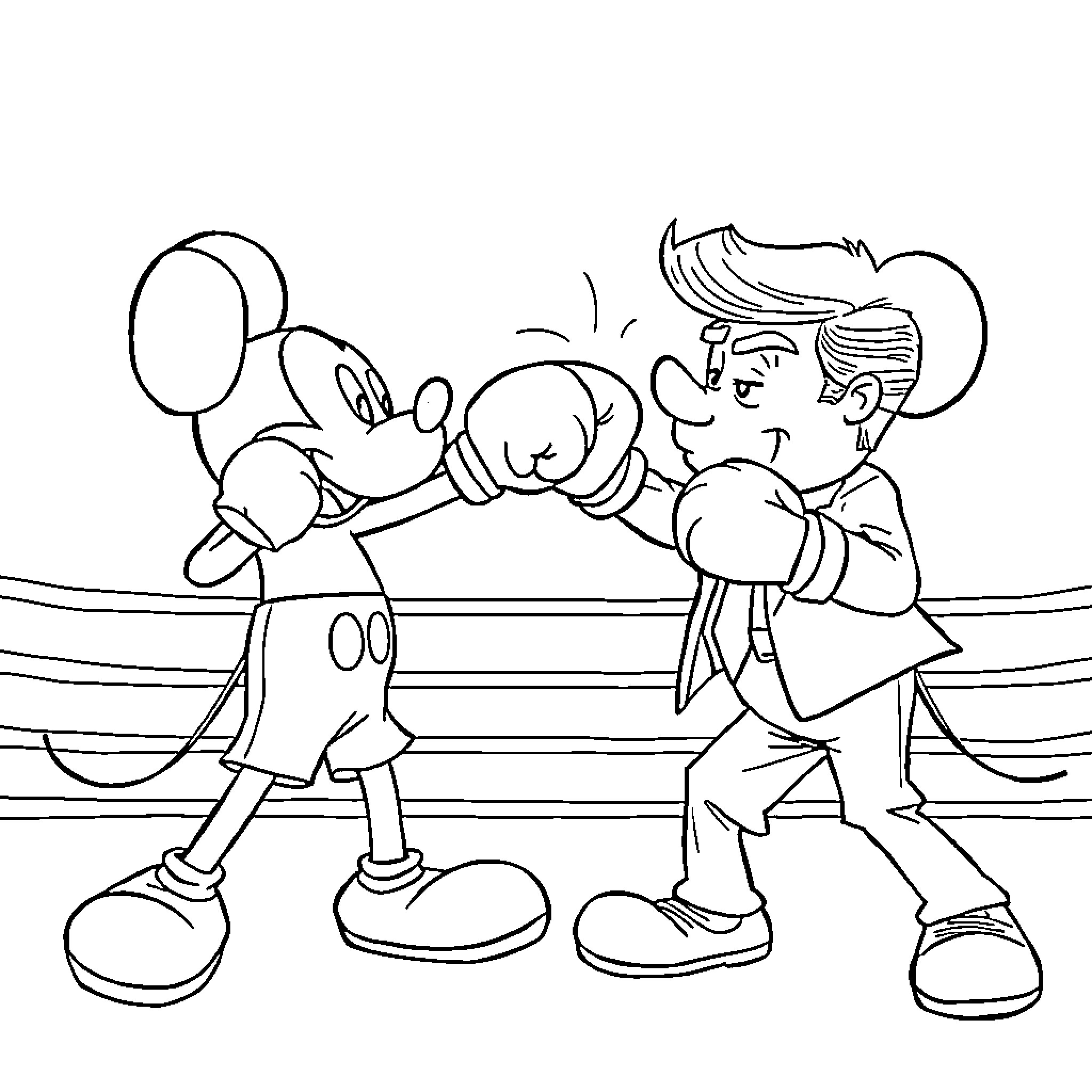 Mickey and friend boxing in the ring Coloring Page (free black-and-white line drawing printable PDF for all, from beginners to advanced learners, including children, teens, adults, and seniors)