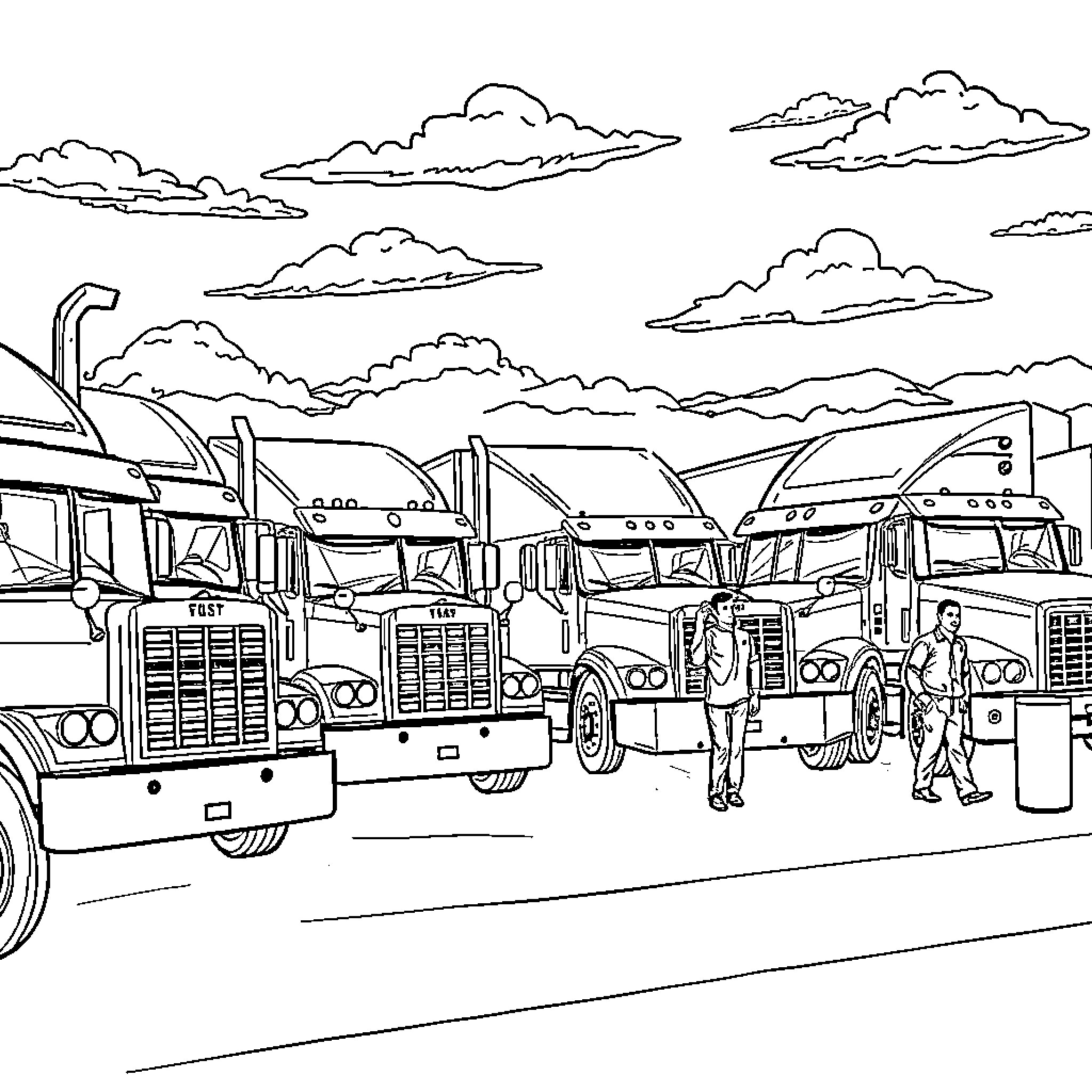 Truck drivers inspecting vehicles in parking lot Coloring Page (free black-and-white line drawing printable PDF for all, from beginners to advanced learners, including children, teens, adults, and seniors)
