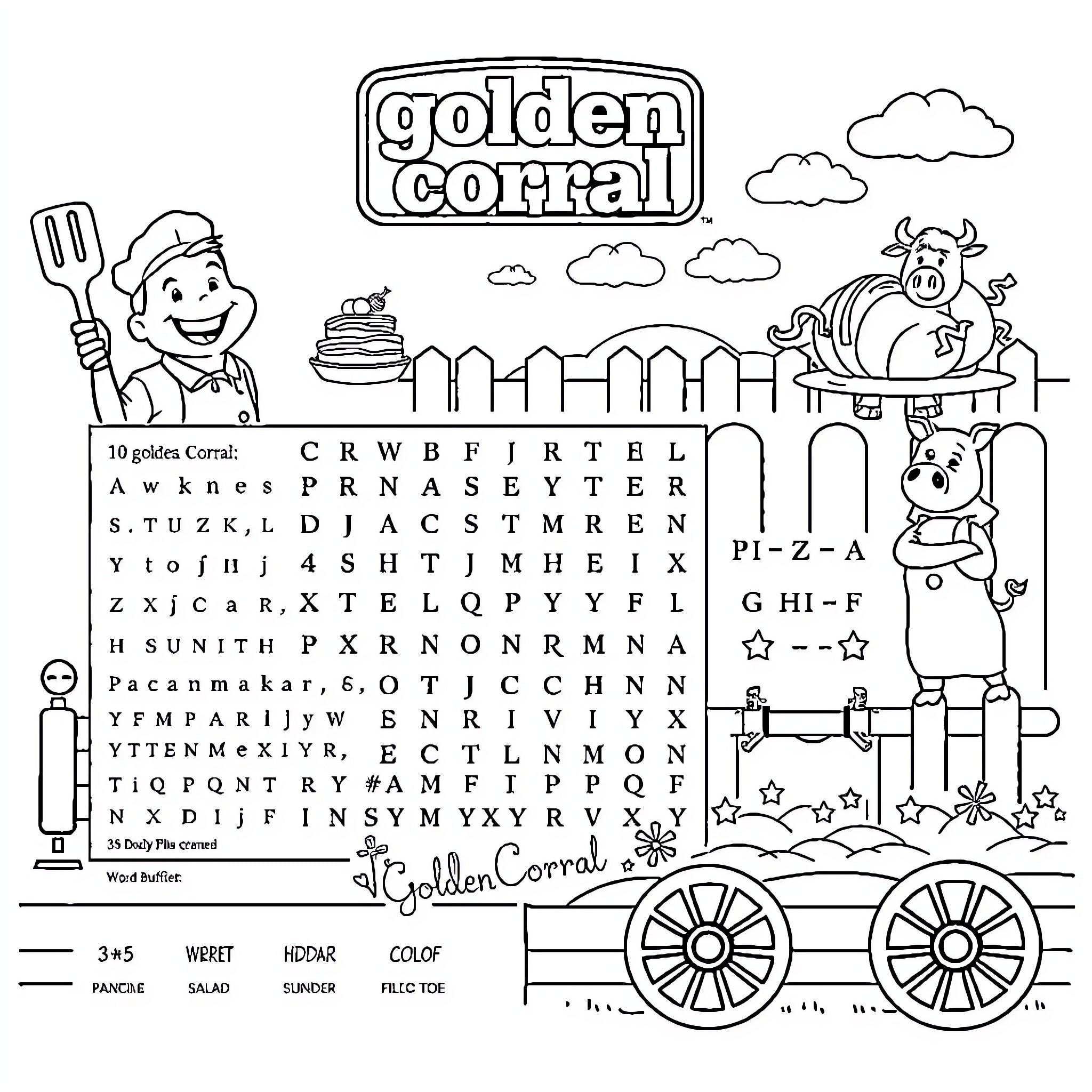 Chef working at the Golden Corral restaurant Coloring Page (free black-and-white line drawing printable PDF for all, from beginners to advanced learners, including children, teens, adults, and seniors)