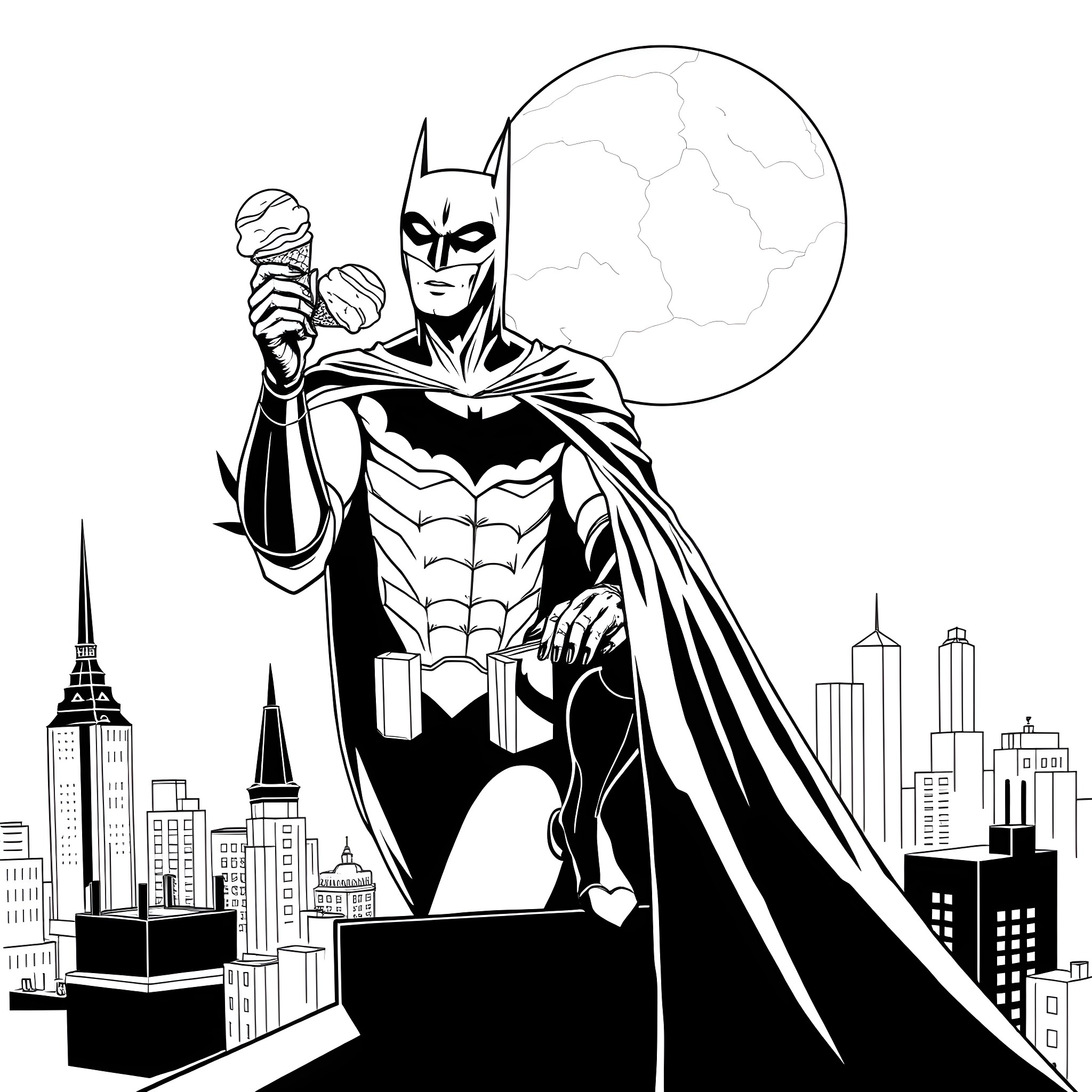 Batman stands heroically in the city skyline Coloring Page (free black-and-white line drawing printable PDF for all, from beginners to advanced learners, including children, teens, adults, and seniors)