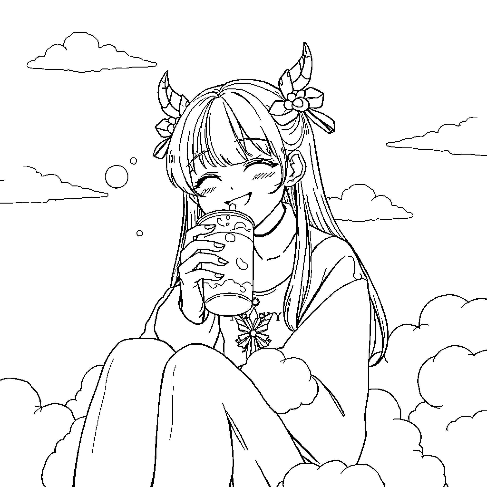 Rumi enjoying a sweet treat in the clouds Coloring Page (free black-and-white line drawing printable PDF for all, from beginners to advanced learners, including children, teens, adults, and seniors)