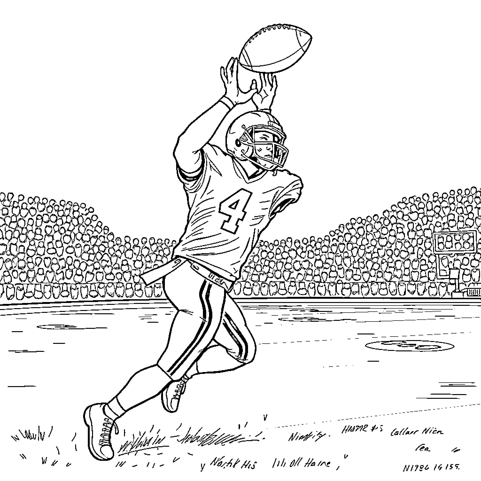 Football Player Catching the Ball on the Field Coloring Page (free black-and-white line drawing printable PDF for all, from beginners to advanced learners, including children, teens, adults, and seniors)