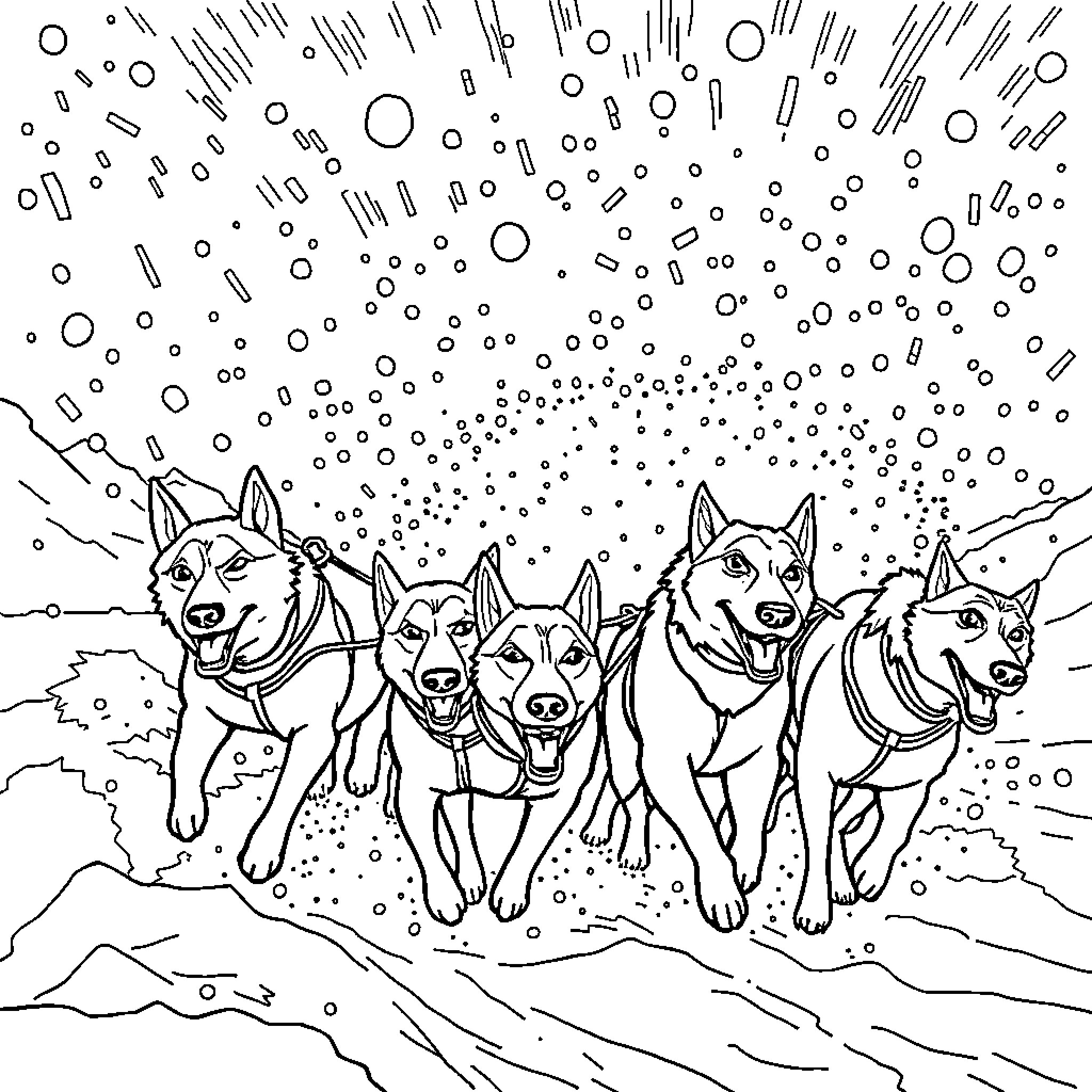 Balto and his sled dog team in winter wonderland Coloring Page (free black-and-white line drawing printable PDF for all, from beginners to advanced learners, including children, teens, adults, and seniors)