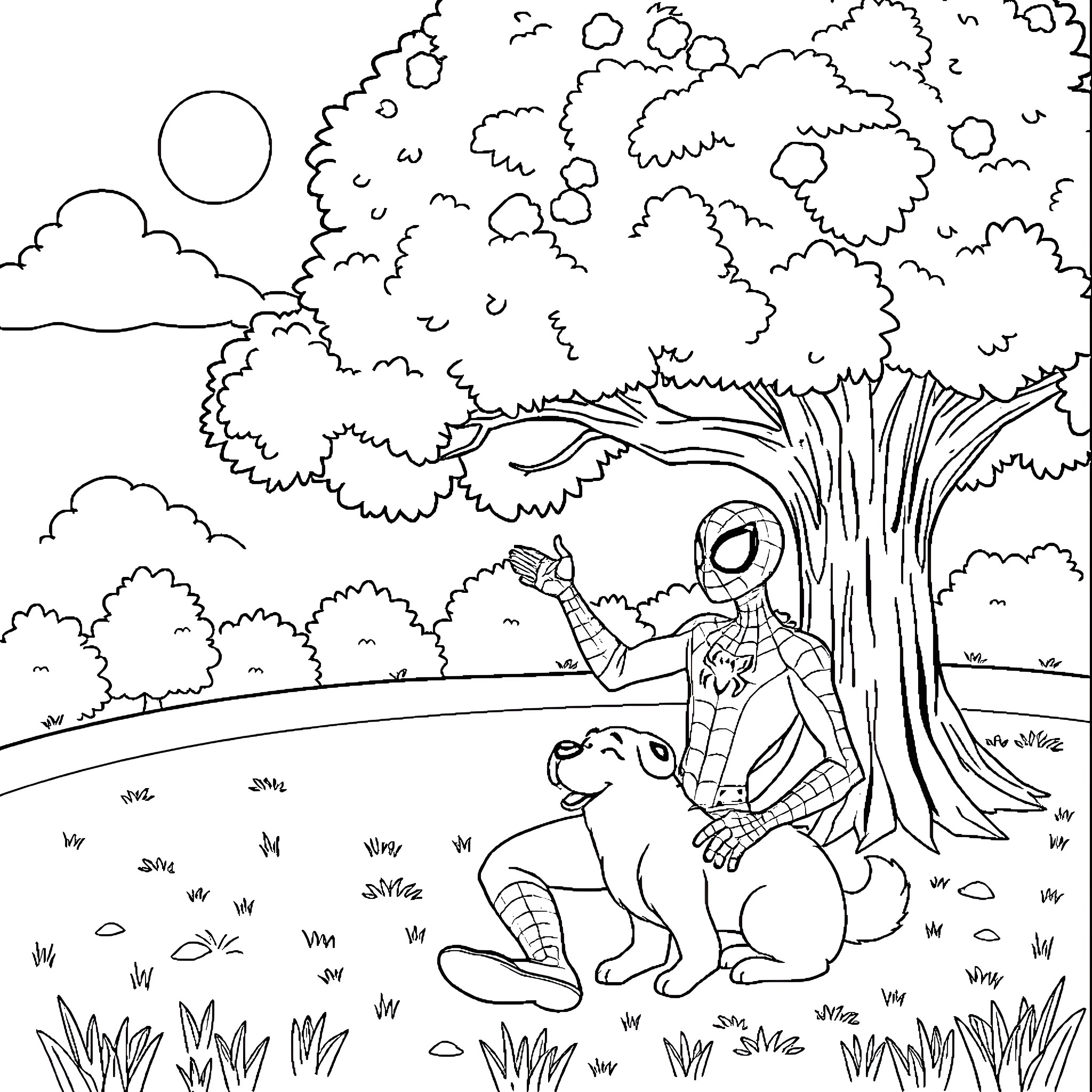 Spiderman relaxing with dog in the park Coloring Page (free black-and-white line drawing printable PDF for all, from beginners to advanced learners, including children, teens, adults, and seniors)