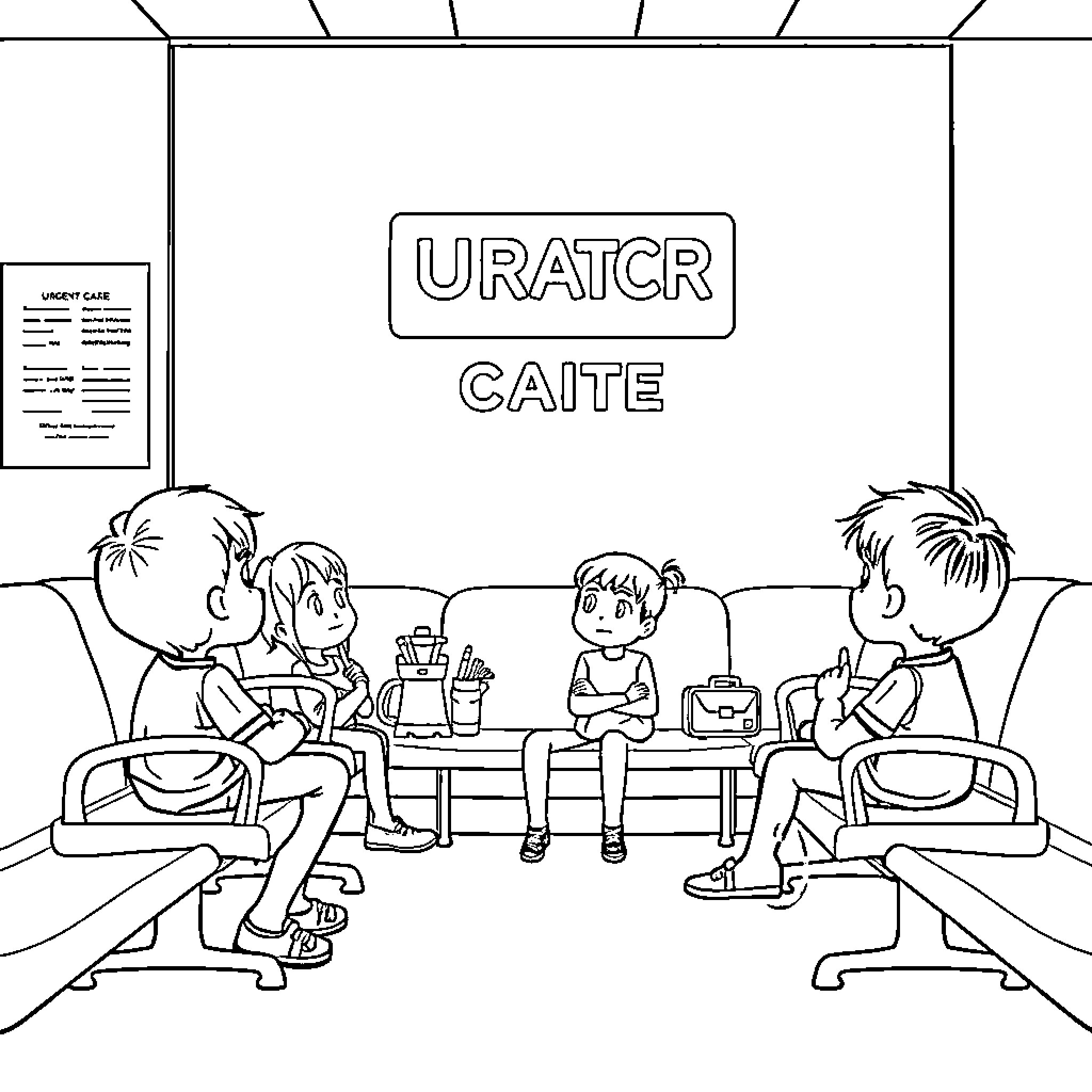 Kid waiting in airport terminal lounge Coloring Page (free black-and-white line drawing printable PDF for all, from beginners to advanced learners, including children, teens, adults, and seniors)