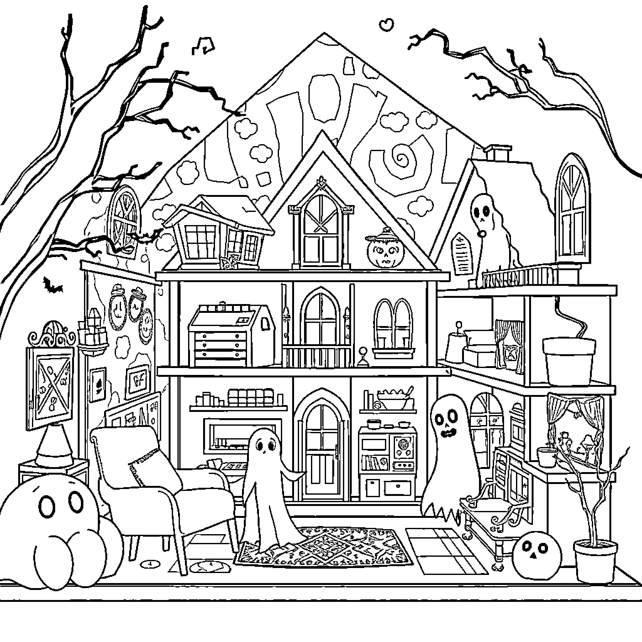 Gabby's Haunted House Halloween Decor Coloring Page (free black-and-white line drawing printable PDF for all, from beginners to advanced learners, including children, teens, adults, and seniors)