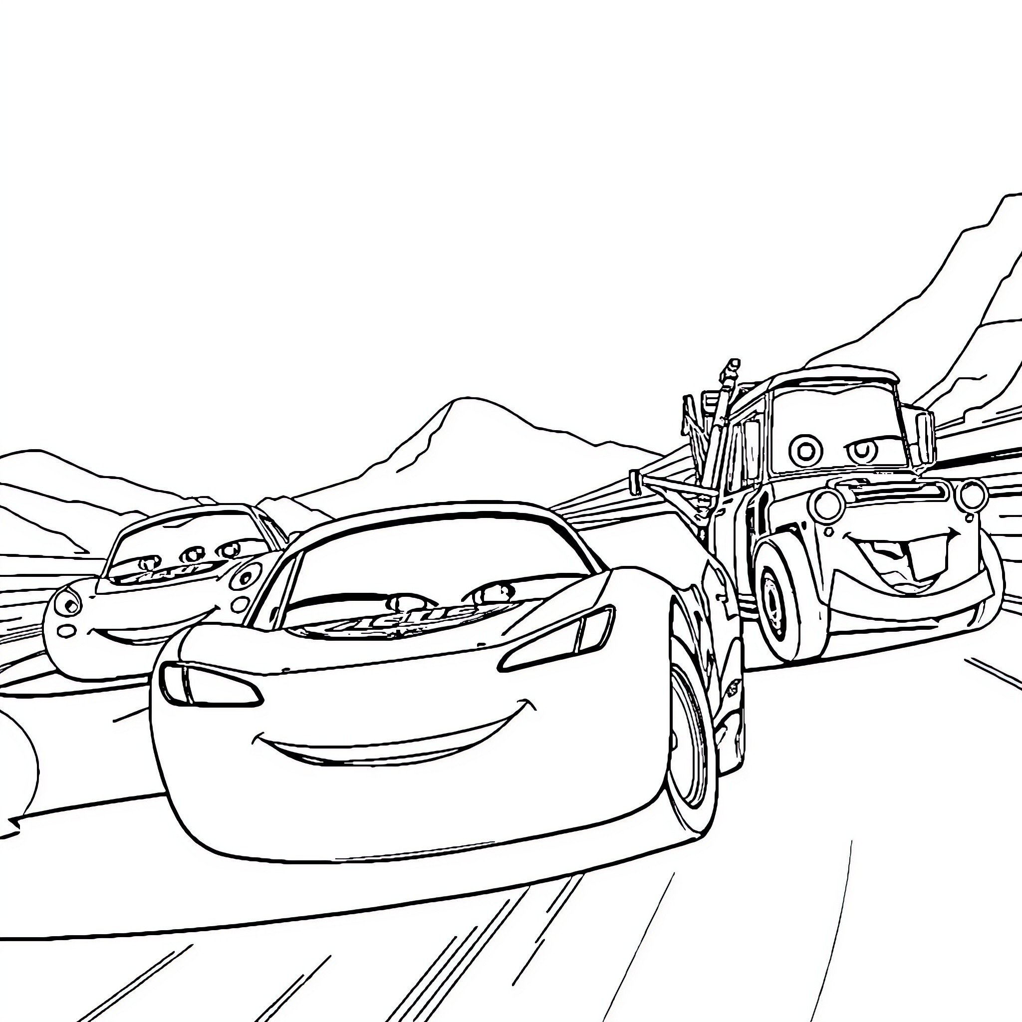Vehicle racing through winding mountain road Coloring Page (free black-and-white line drawing printable PDF for all, from beginners to advanced learners, including children, teens, adults, and seniors)