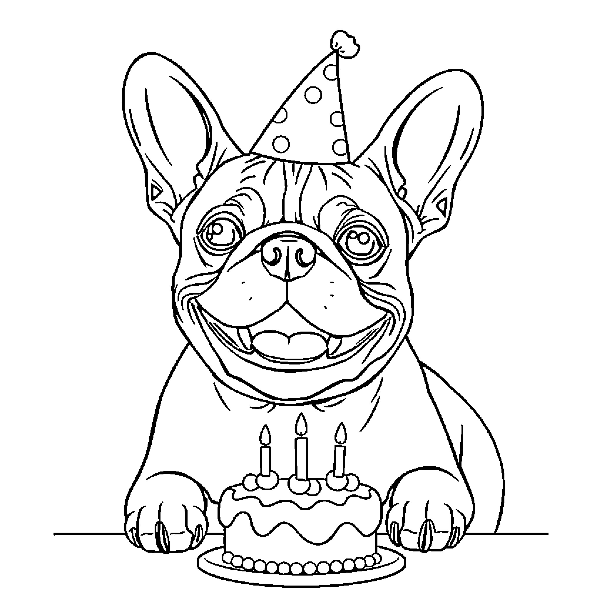 French Bulldog celebrating birthday with cake Coloring Page (free black-and-white line drawing printable PDF for all, from beginners to advanced learners, including children, teens, adults, and seniors)