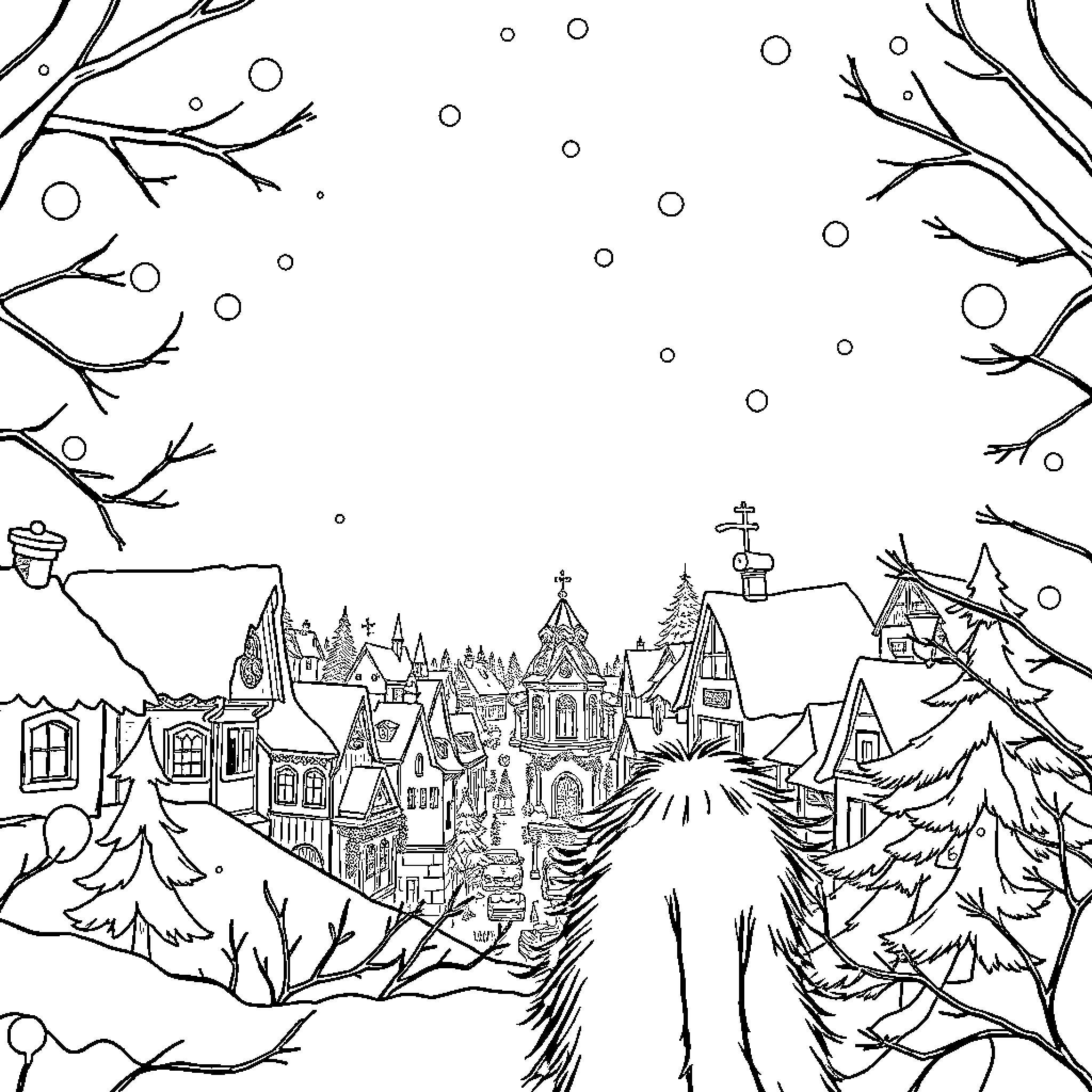 Grinch in a Whimsical Winter Wonderland Coloring Page (free black-and-white line drawing printable PDF for all, from beginners to advanced learners, including children, teens, adults, and seniors)