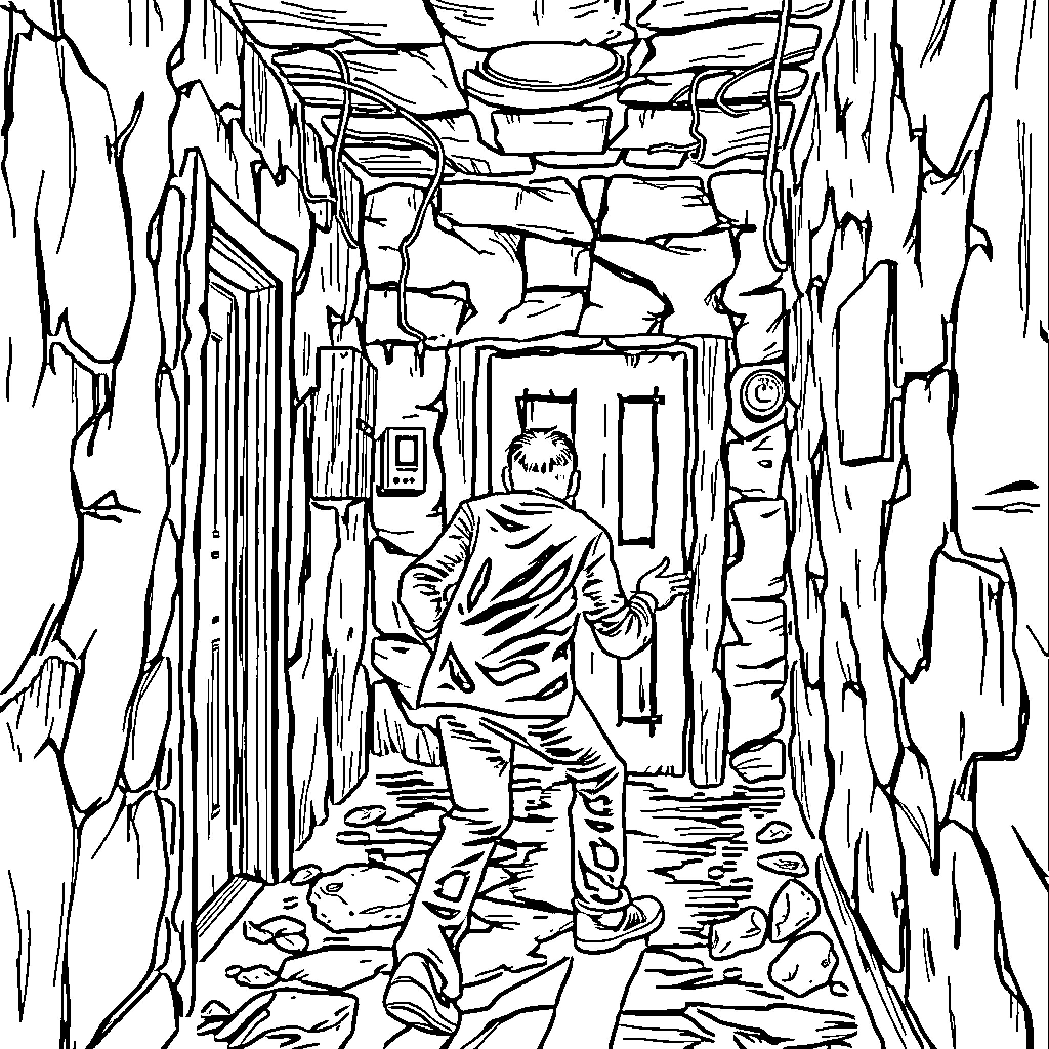 Backroom Corridor of Disorder and Abandonment Coloring Page (free black-and-white line drawing printable PDF for all, from beginners to advanced learners, including children, teens, adults, and seniors)