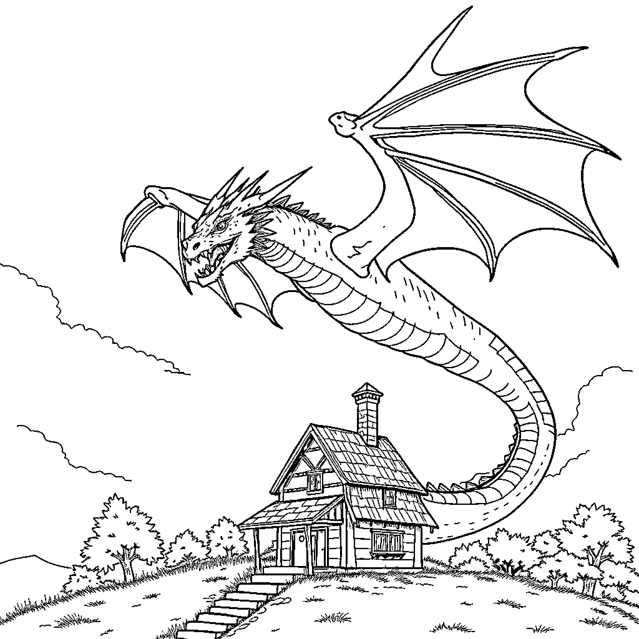 Dragon guarding a fantasy cottage in the countryside Coloring Page (free black-and-white line drawing printable PDF for all, from beginners to advanced learners, including children, teens, adults, and seniors)