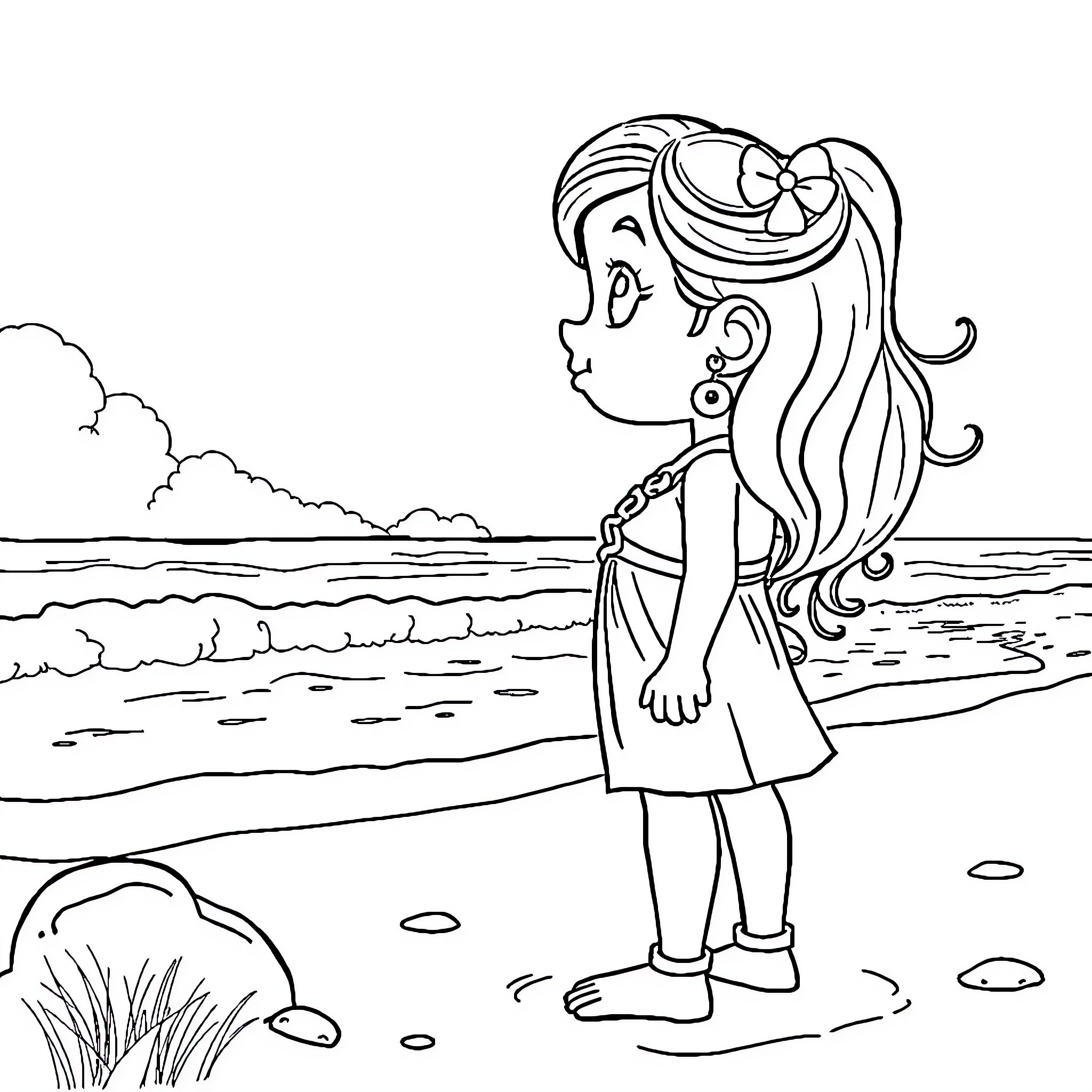 Mohana's Seaside Adventure Coloring Page (free black-and-white line drawing printable PDF for all, from beginners to advanced learners, including children, teens, adults, and seniors)