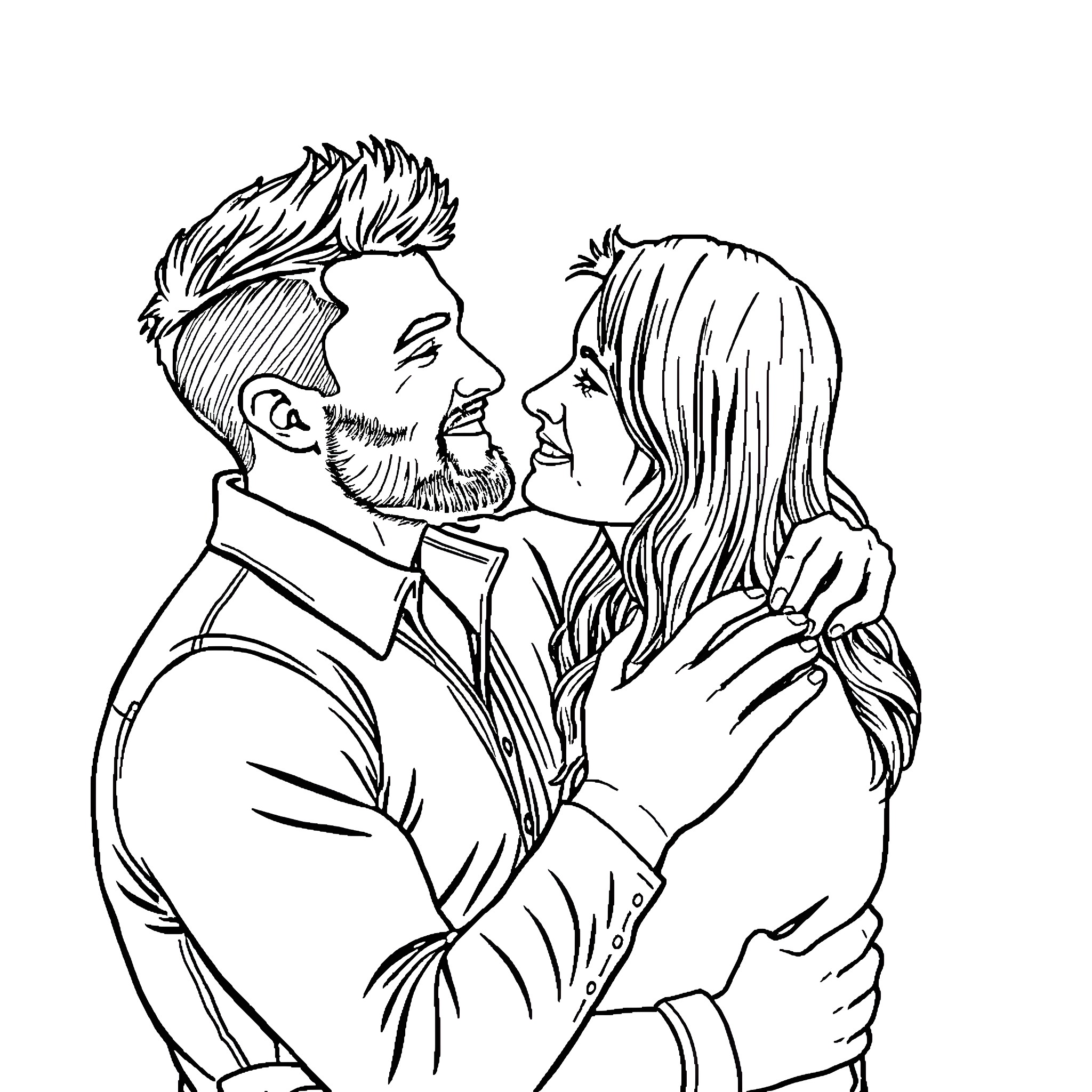 Couple embracing affectionately in formal attire Coloring Page (free black-and-white line drawing printable PDF for all, from beginners to advanced learners, including children, teens, adults, and seniors)