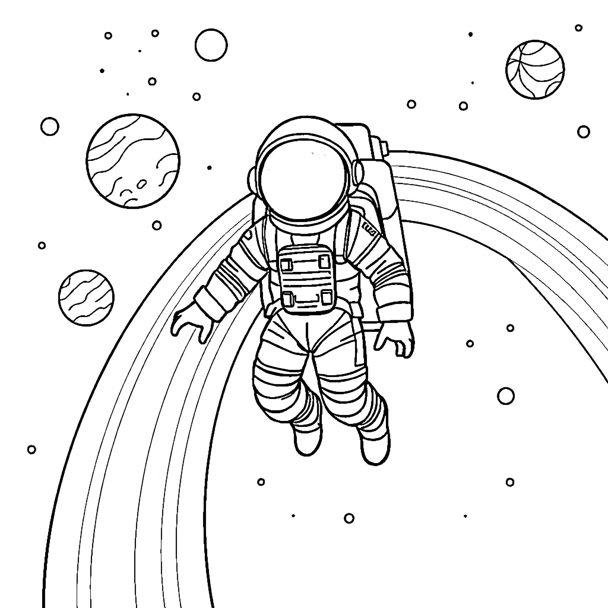 Astronaut exploring the cosmos Coloring Page (free black-and-white line drawing printable PDF for all, from beginners to advanced learners, including children, teens, adults, and seniors)