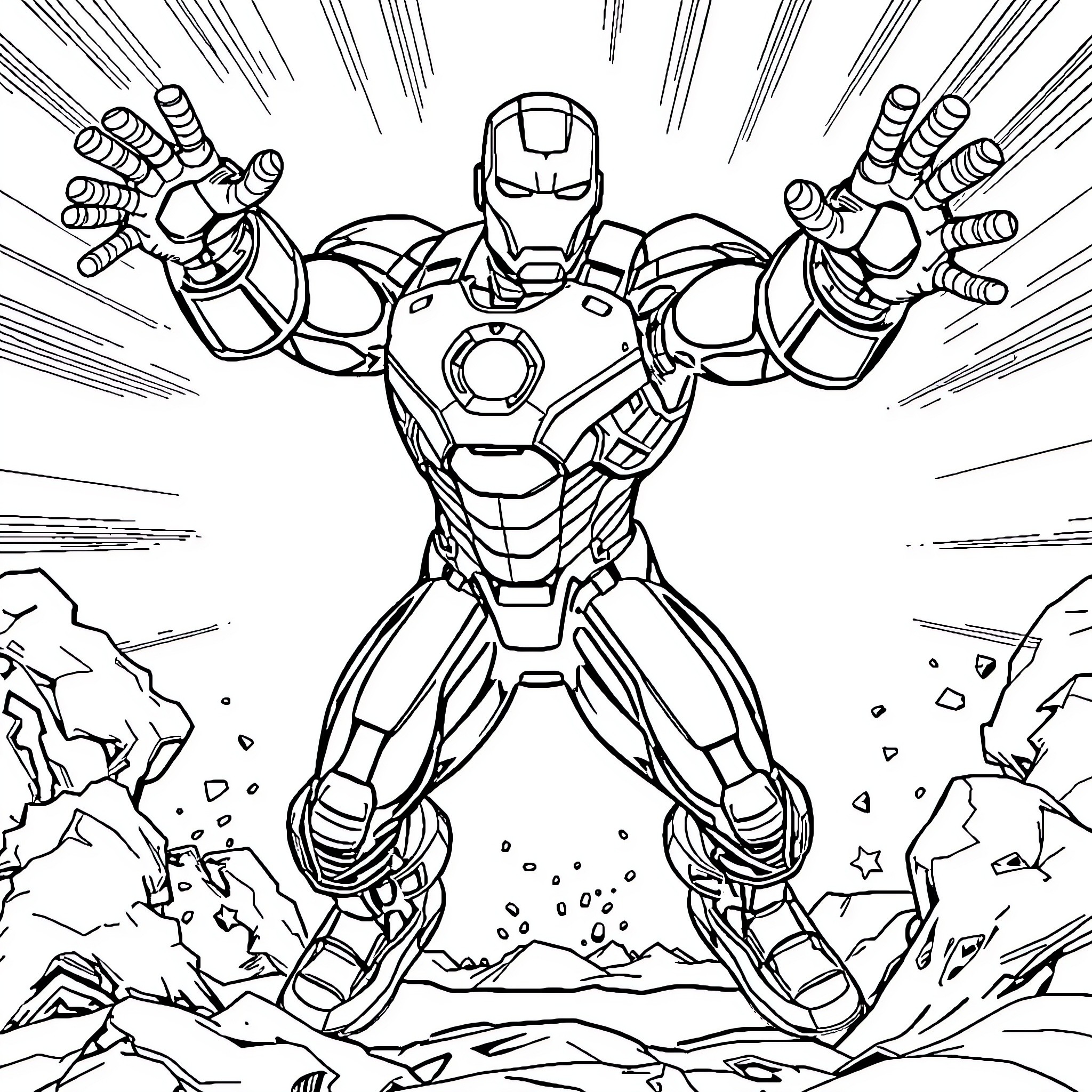 Iron Man Unleashing Powerful Stance Coloring Page (free black-and-white line drawing printable PDF for all, from beginners to advanced learners, including children, teens, adults, and seniors)