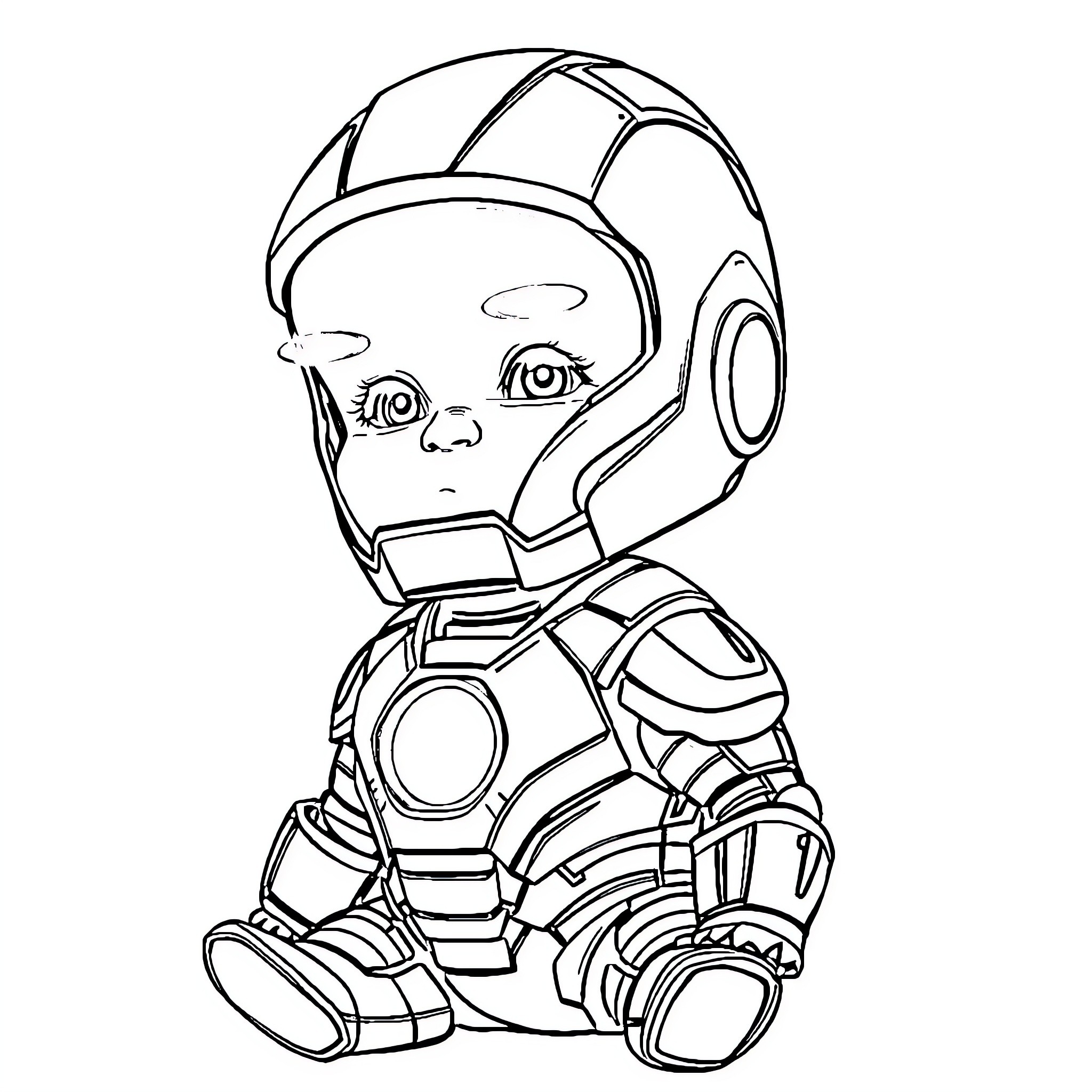 Baby robot in protective gear Coloring Page (free black-and-white line drawing printable PDF for all, from beginners to advanced learners, including children, teens, adults, and seniors)