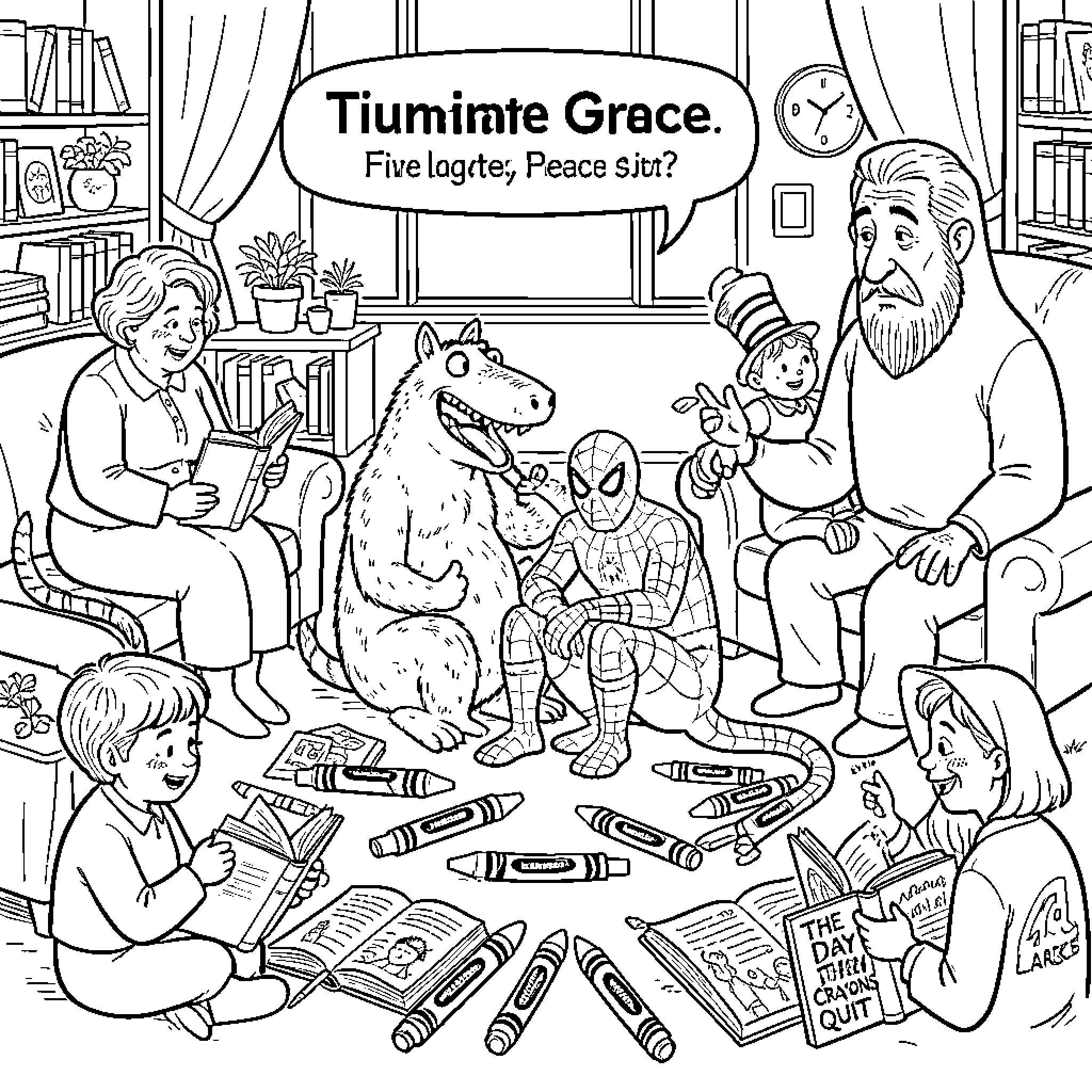 Character Gathering for Study and Play Coloring Page (free black-and-white line drawing printable PDF for all, from beginners to advanced learners, including children, teens, adults, and seniors)