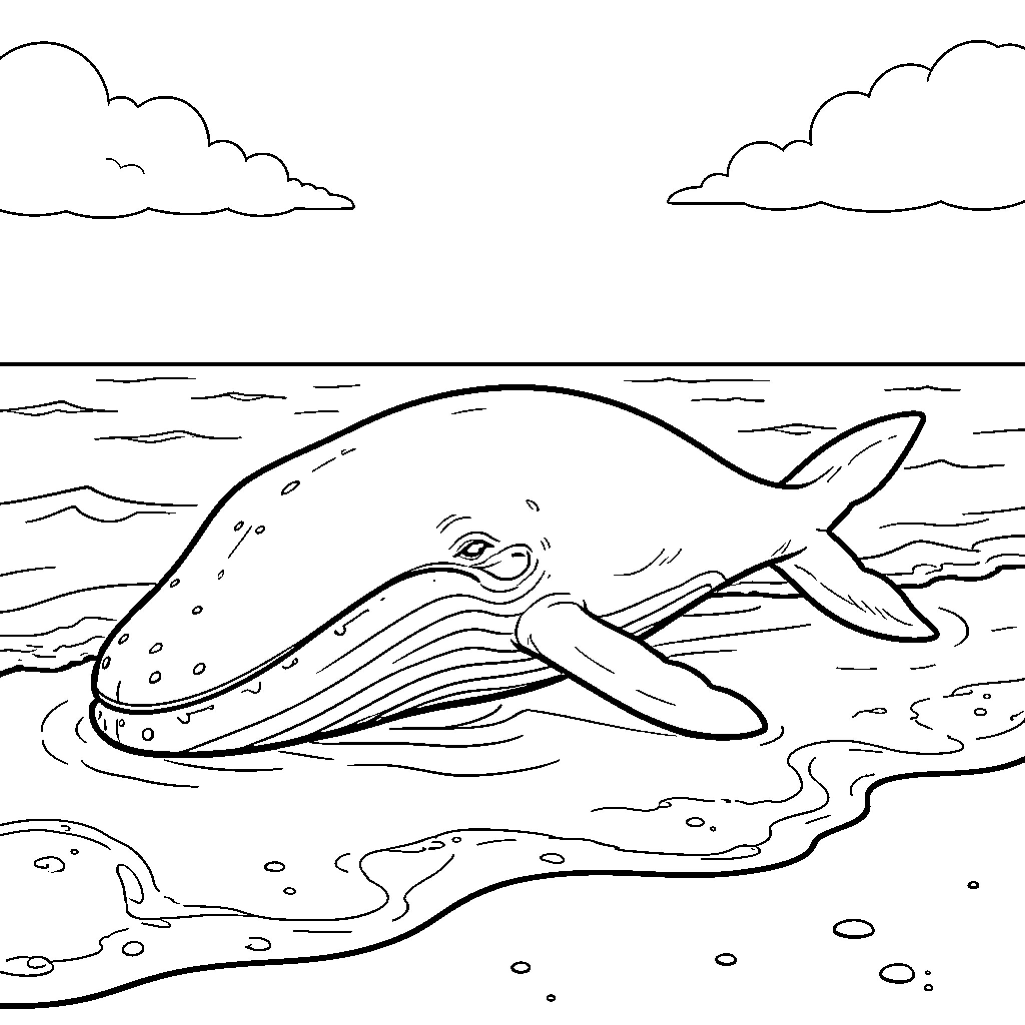 Whale swimming in the ocean Coloring Page (free black-and-white line drawing printable PDF for all, from beginners to advanced learners, including children, teens, adults, and seniors)