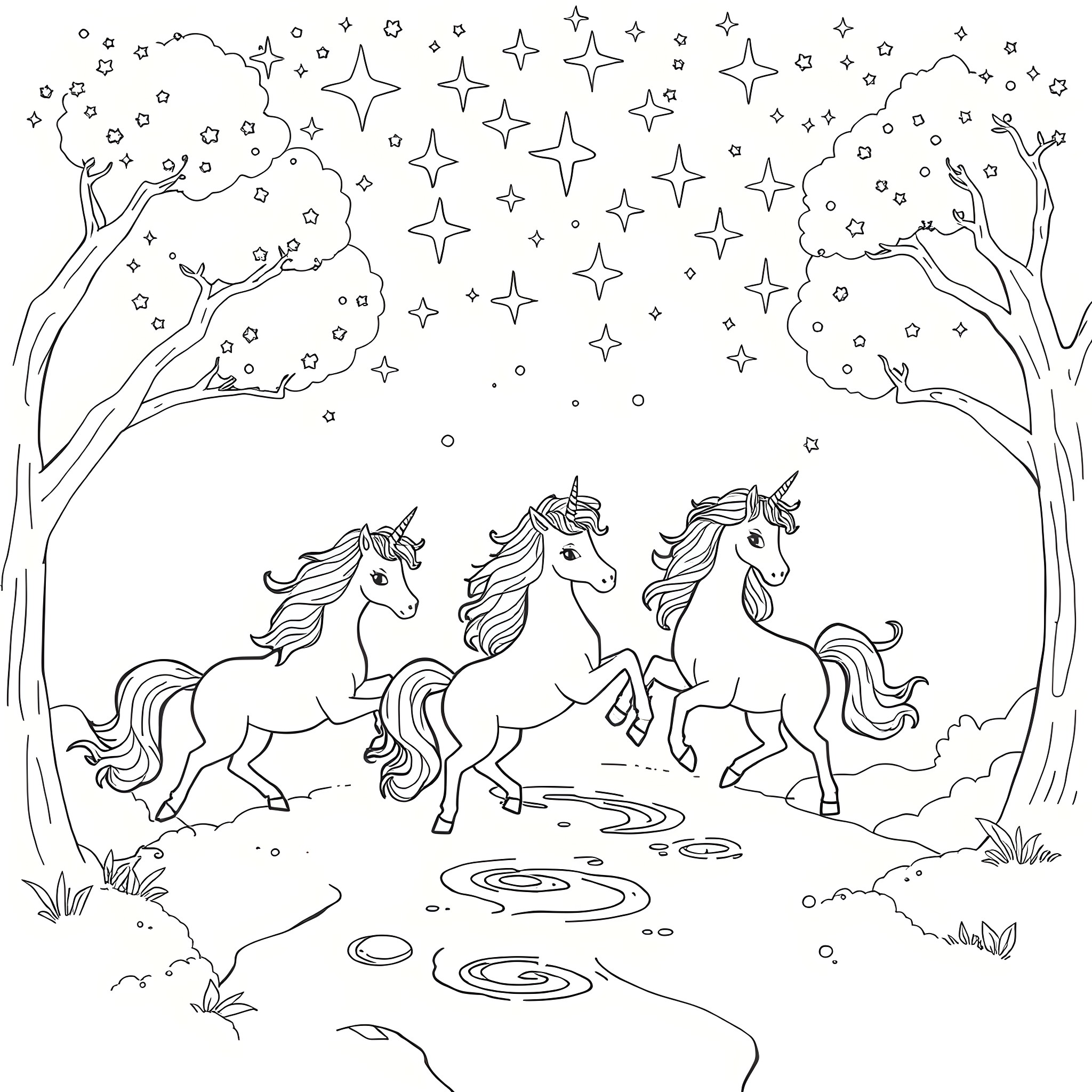 Unicorn Trio Frolicking Under Starry Night Sky Coloring Page (free black-and-white line drawing printable PDF for all, from beginners to advanced learners, including children, teens, adults, and seniors)