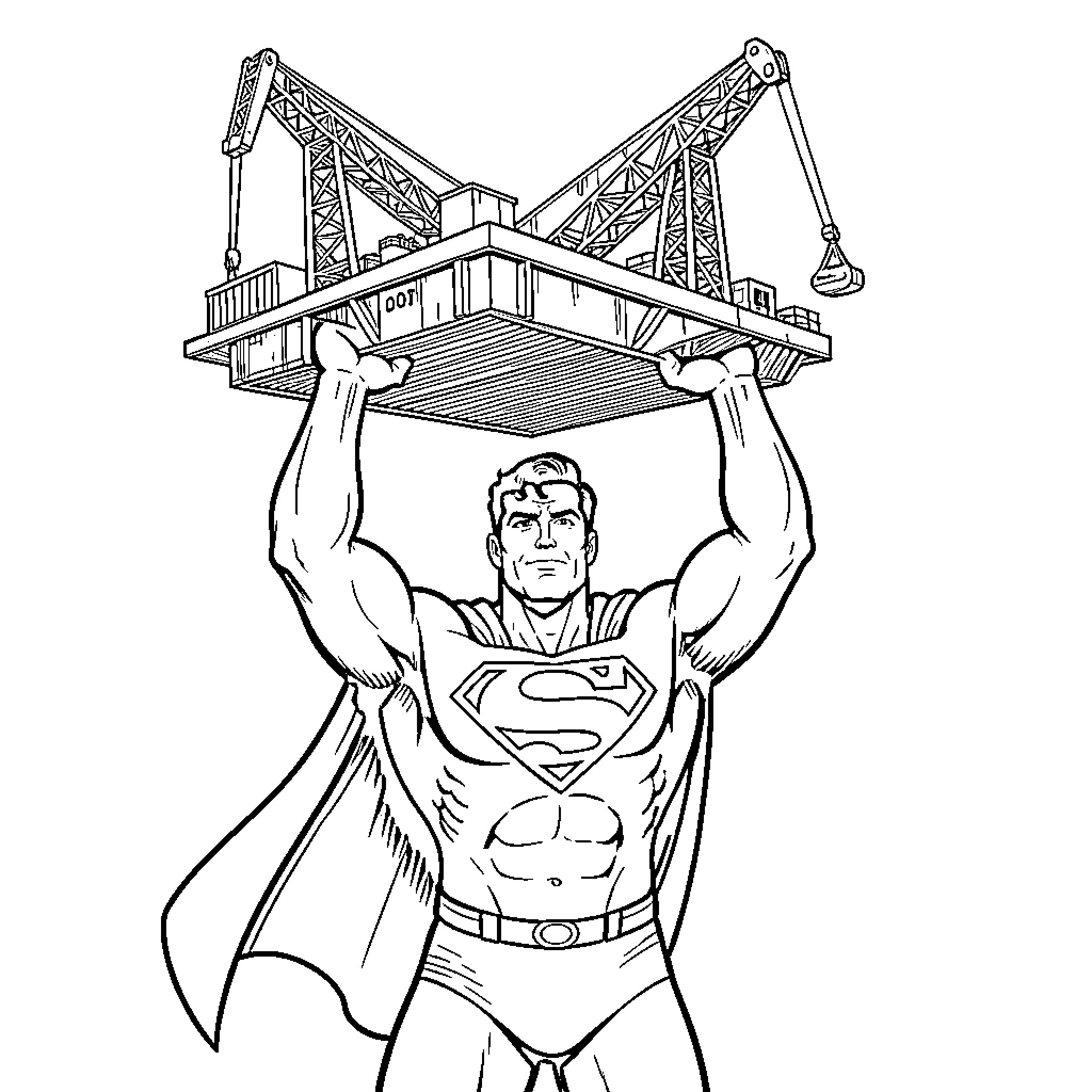 Superman lifting a heavy industrial platform above his head Coloring Page (free black-and-white line drawing printable PDF for all, from beginners to advanced learners, including children, teens, adults, and seniors)