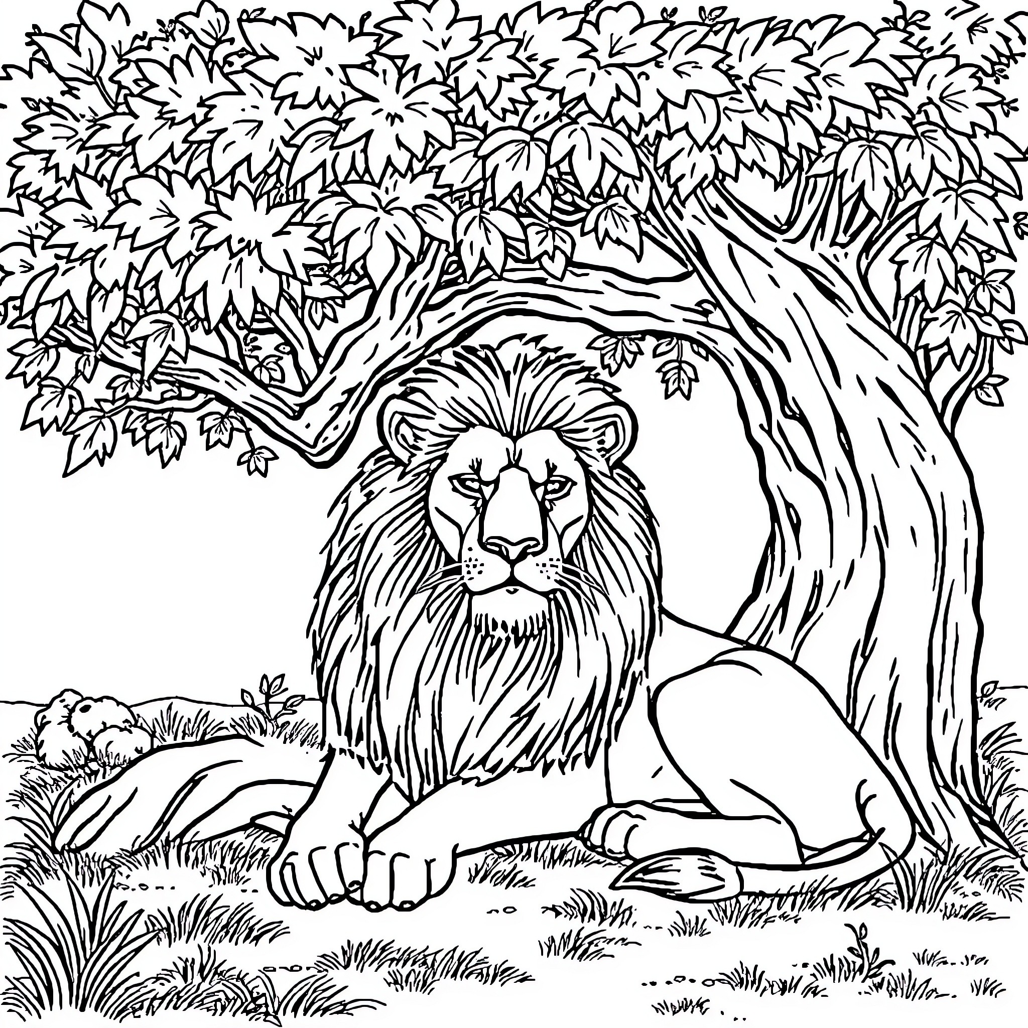 Lion resting in lush forest Coloring Page (free black-and-white line drawing printable PDF for all, from beginners to advanced learners, including children, teens, adults, and seniors)
