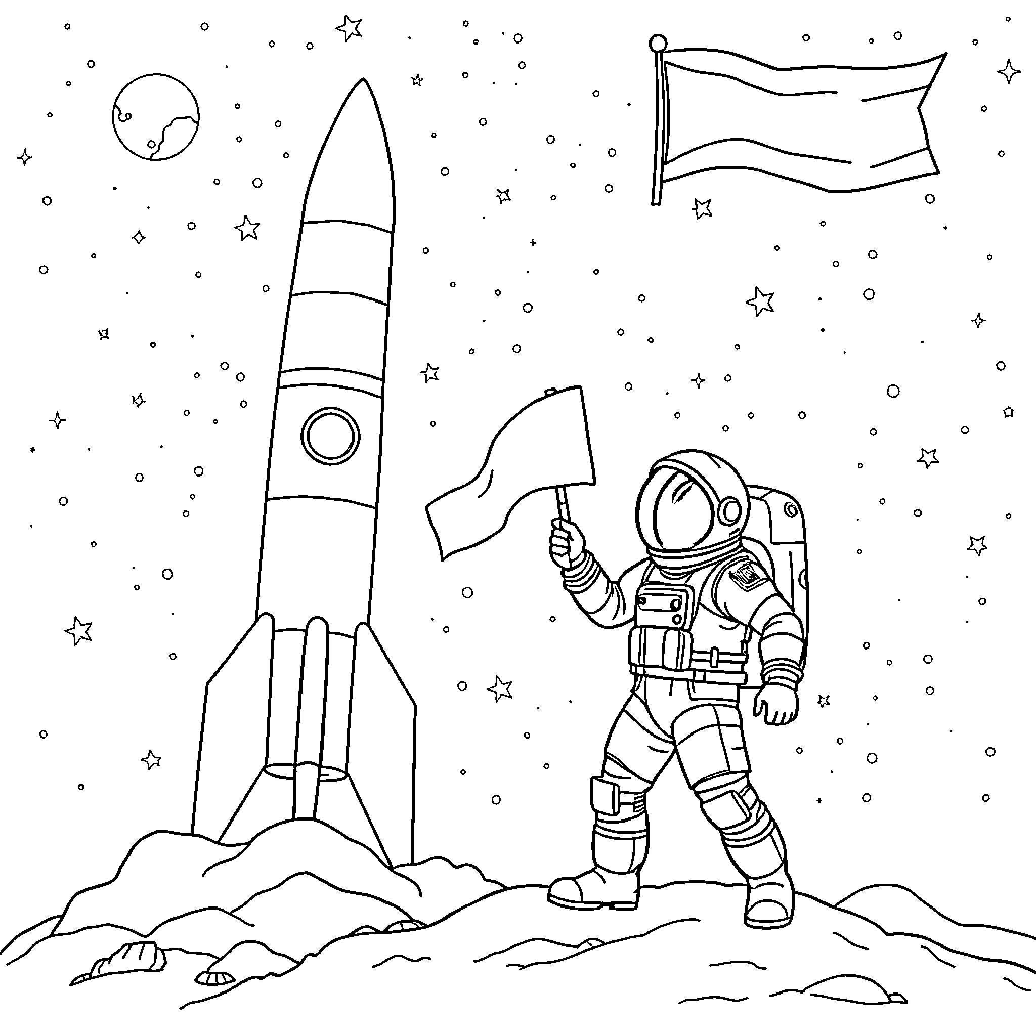 Astronaut planting a flag on the moon Coloring Page (free black-and-white line drawing printable PDF for all, from beginners to advanced learners, including children, teens, adults, and seniors)