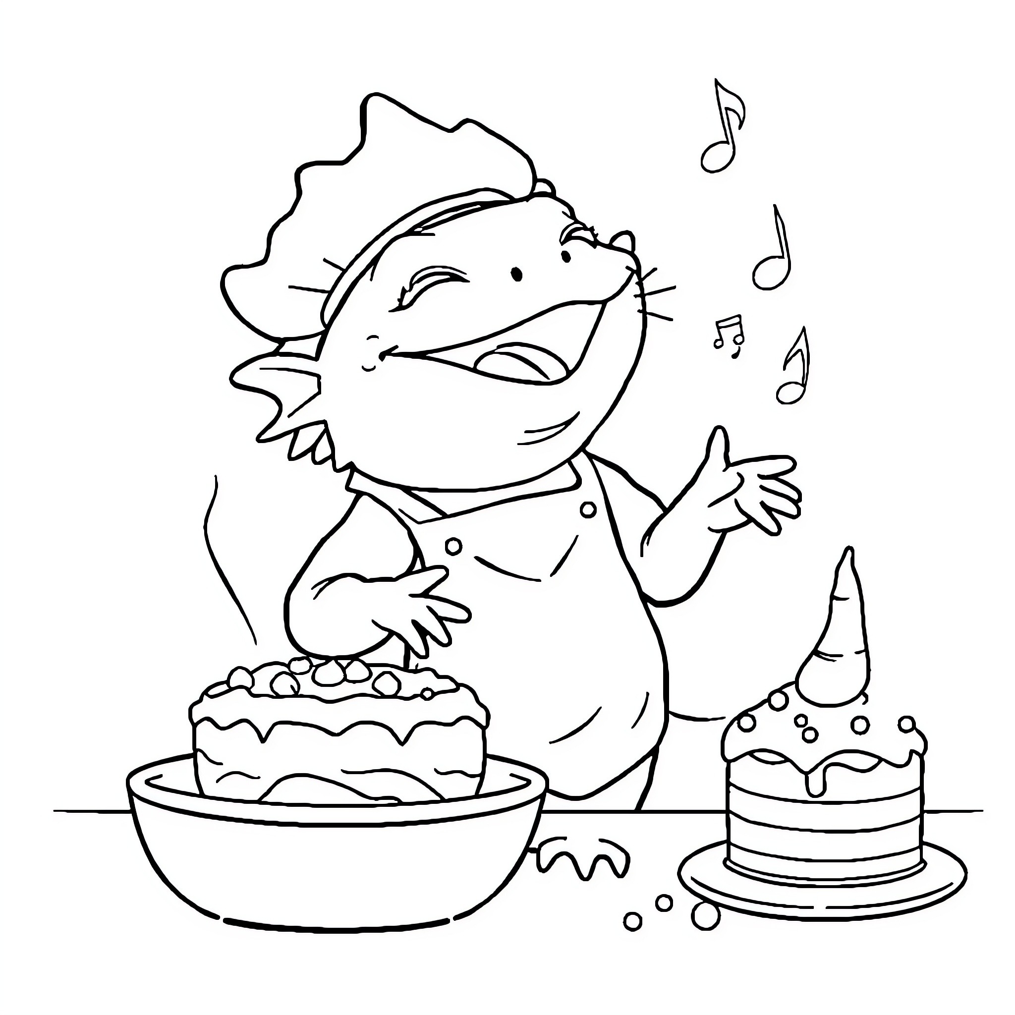 Axolotl celebrating with cake and music Coloring Page (free black-and-white line drawing printable PDF for all, from beginners to advanced learners, including children, teens, adults, and seniors)