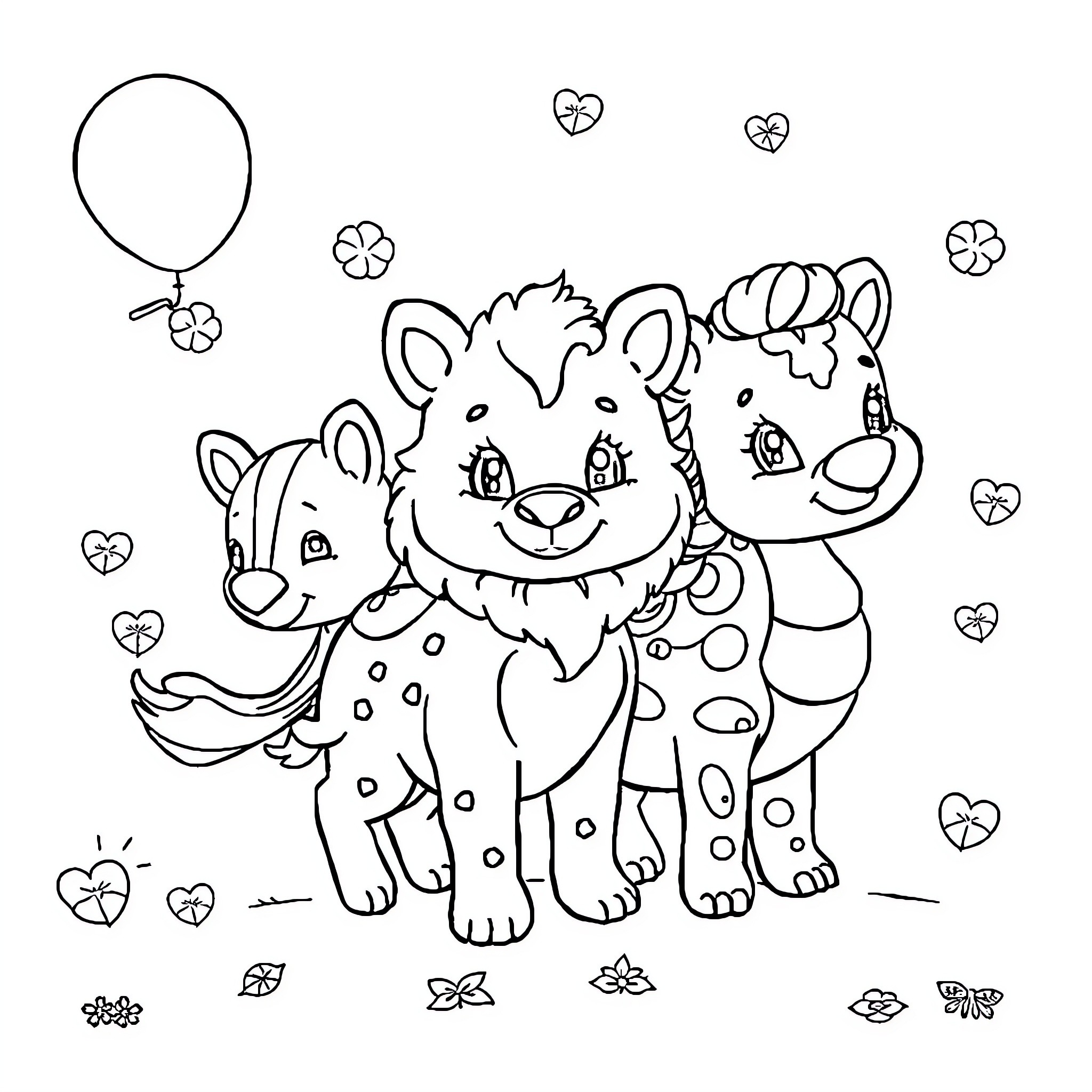 Numbers of Cute Animals Playing with Hearts Coloring Page (free black-and-white line drawing printable PDF for all, from beginners to advanced learners, including children, teens, adults, and seniors)