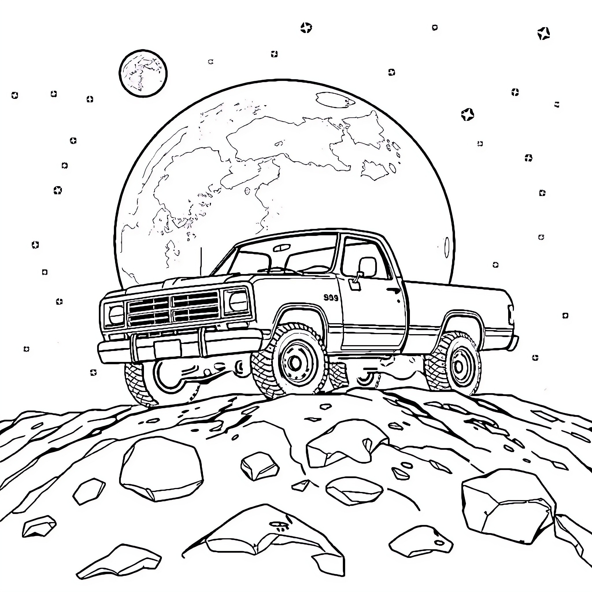Dodge Truck Exploring Rocky Terrain under Starry Sky Coloring Page (free black-and-white line drawing printable PDF for all, from beginners to advanced learners, including children, teens, adults, and seniors)