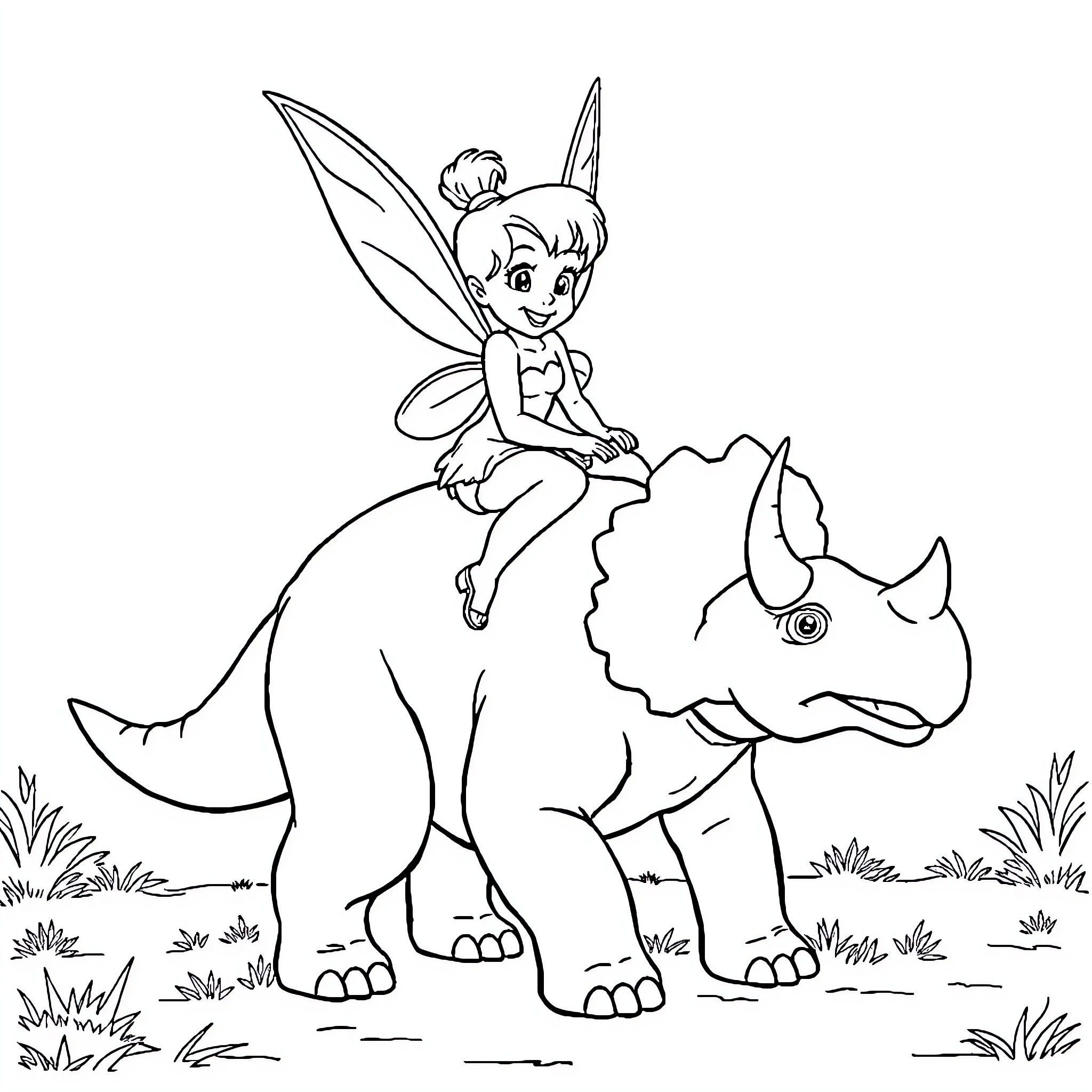 Tinkerbell riding a friendly dinosaur Coloring Page (free black-and-white line drawing printable PDF for all, from beginners to advanced learners, including children, teens, adults, and seniors)