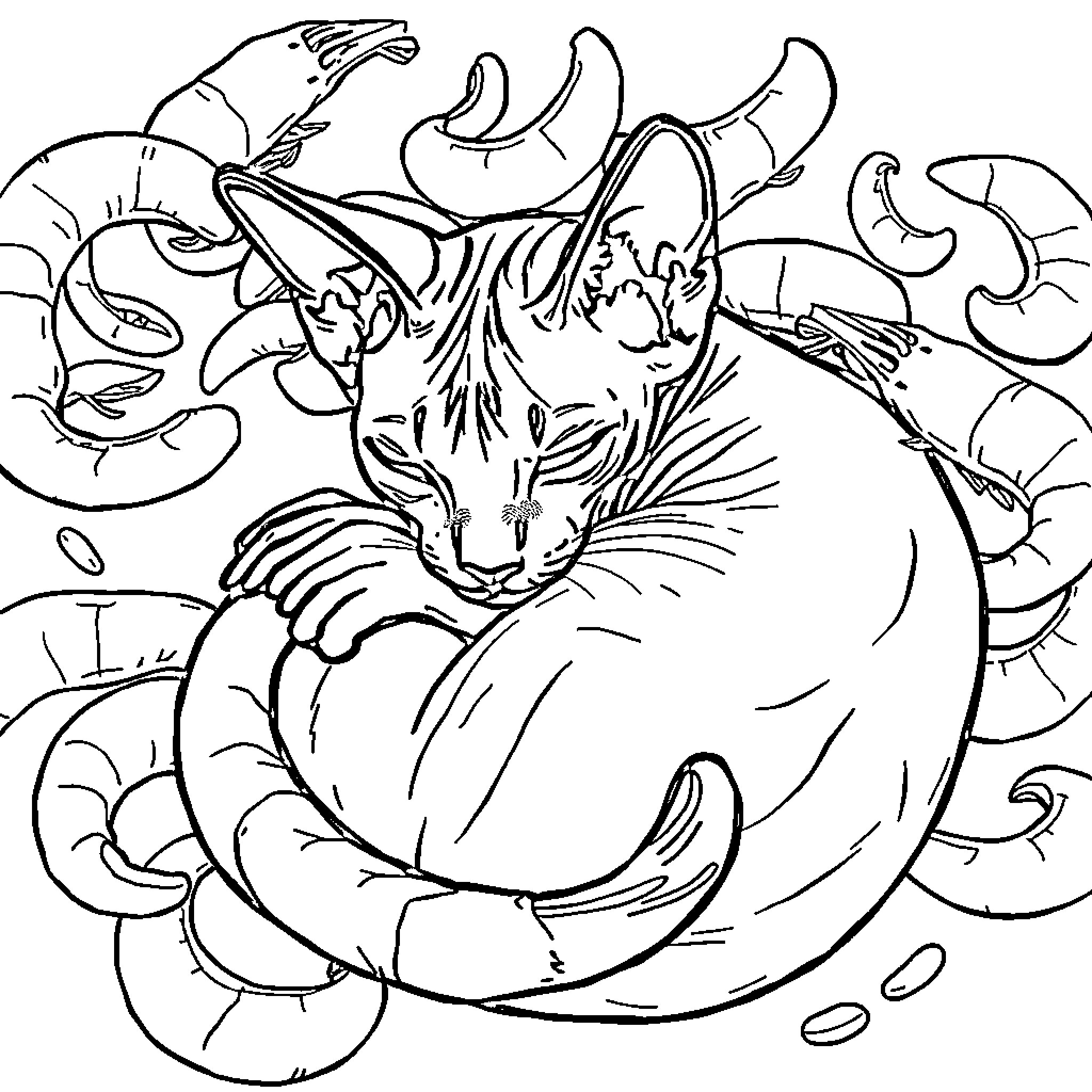 Sphynx Cat sitting amidst abstract patterns Coloring Page (free black-and-white line drawing printable PDF for all, from beginners to advanced learners, including children, teens, adults, and seniors)