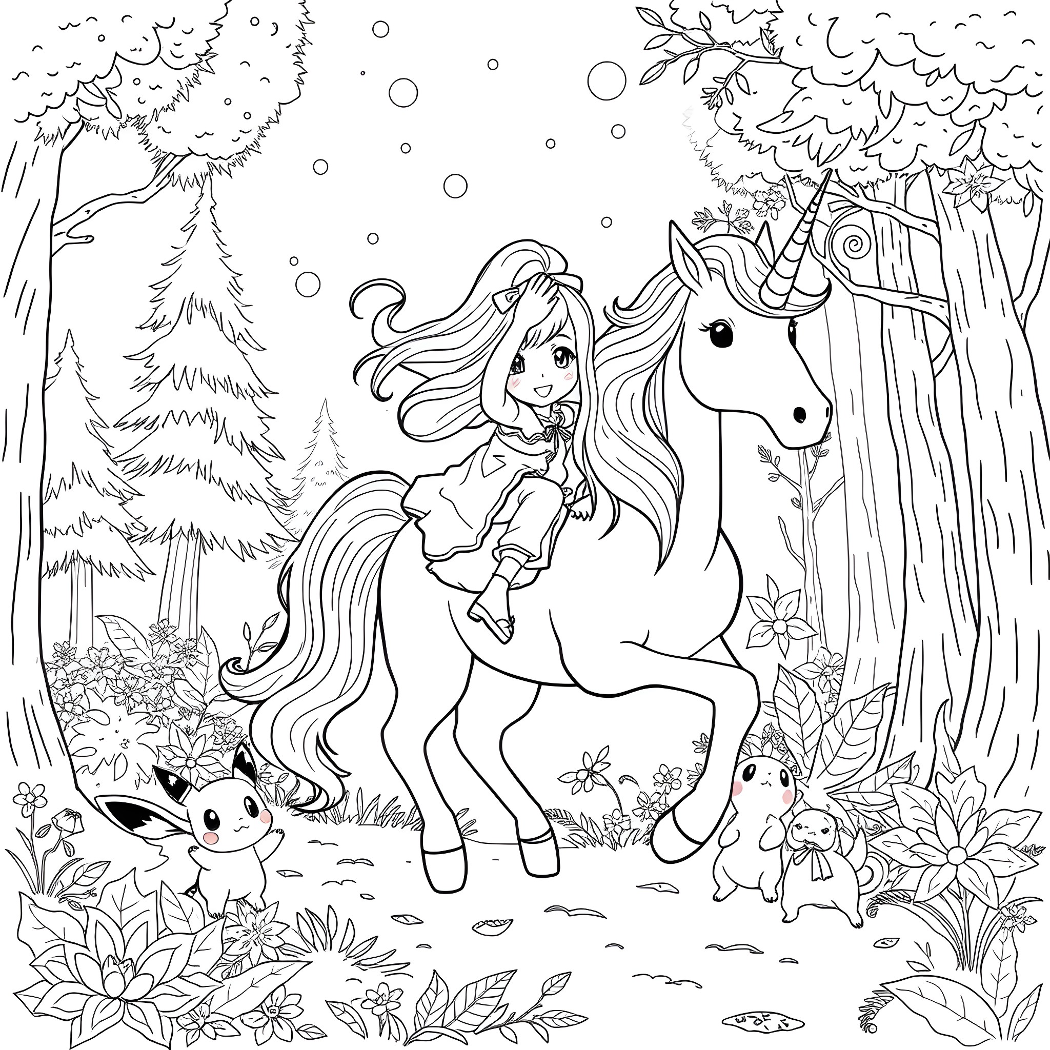 Daughter riding a unicorn in a magical forest Coloring Page (free black-and-white line drawing printable PDF for all, from beginners to advanced learners, including children, teens, adults, and seniors)