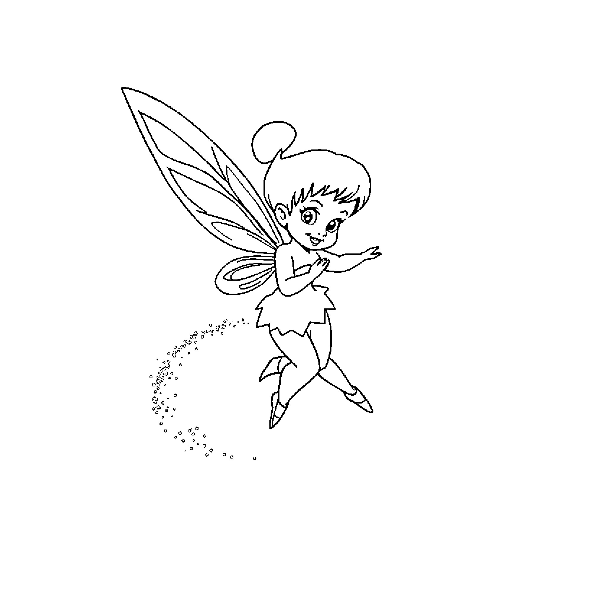 Tinkerbell dancing joyfully in the night Coloring Page (free black-and-white line drawing printable PDF for all, from beginners to advanced learners, including children, teens, adults, and seniors)