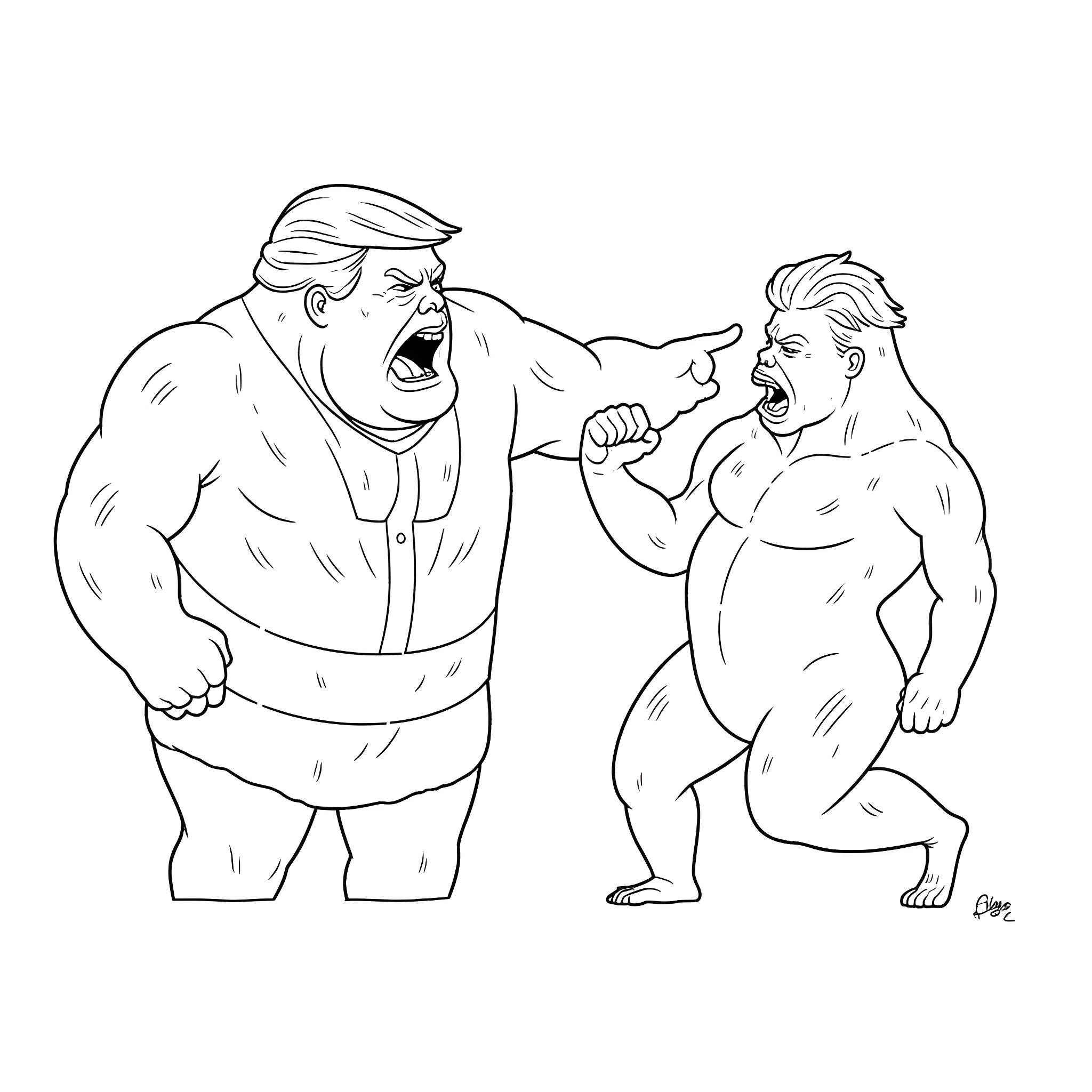 Trump Wrestling Opponents in the Arena Coloring Page (free black-and-white line drawing printable PDF for all, from beginners to advanced learners, including children, teens, adults, and seniors)