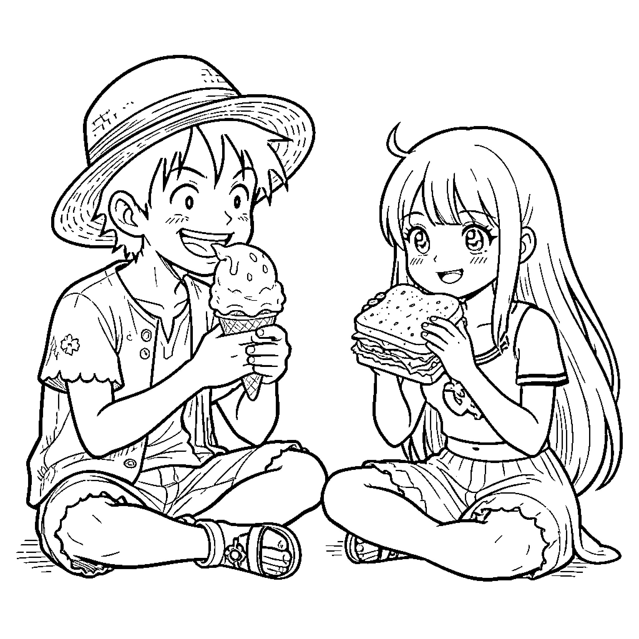 Luffy and a girl happily eating snacks together Coloring Page (free black-and-white line drawing printable PDF for all, from beginners to advanced learners, including children, teens, adults, and seniors)