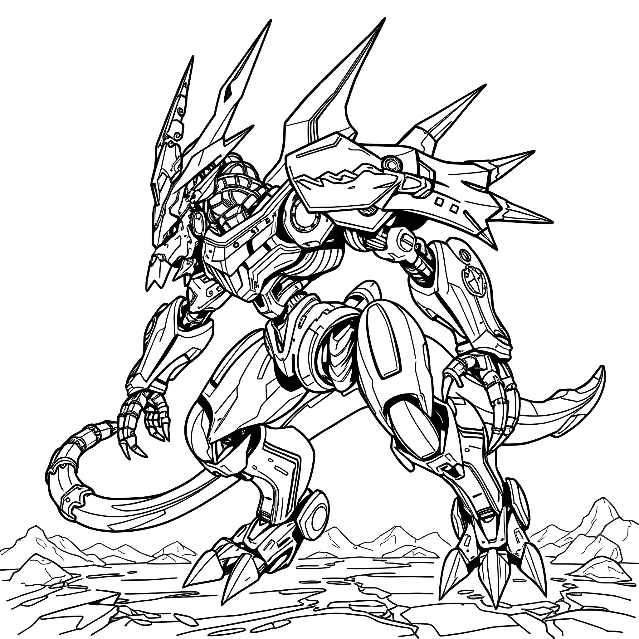Machinedramon Unleashing Robotic Power in the Wilderness Coloring Page (free black-and-white line drawing printable PDF for all, from beginners to advanced learners, including children, teens, adults, and seniors)
