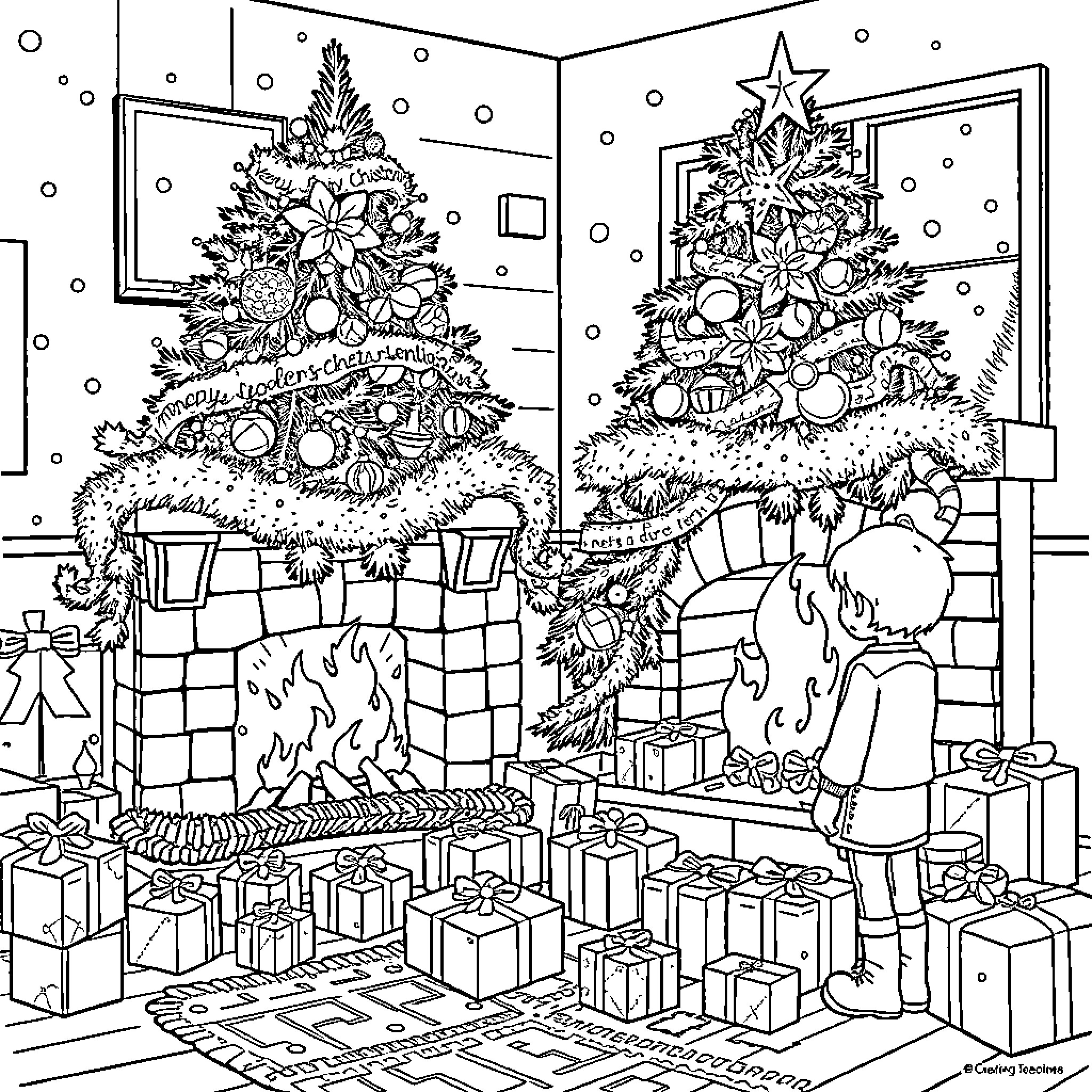 Stranger Things Characters Celebrating Christmas at Home Coloring Page (free black-and-white line drawing printable PDF for all, from beginners to advanced learners, including children, teens, adults, and seniors)